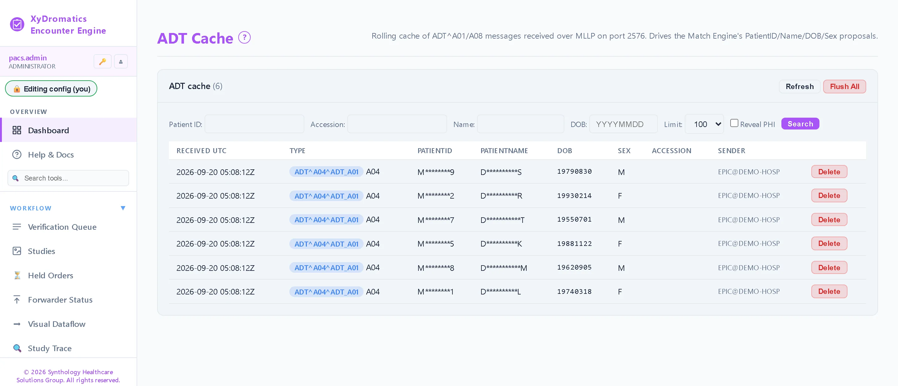 ADT cache — Registrations and updates from the HL7 ADT feed, kept for a configurable window so the match engine always has current visits to propose.
