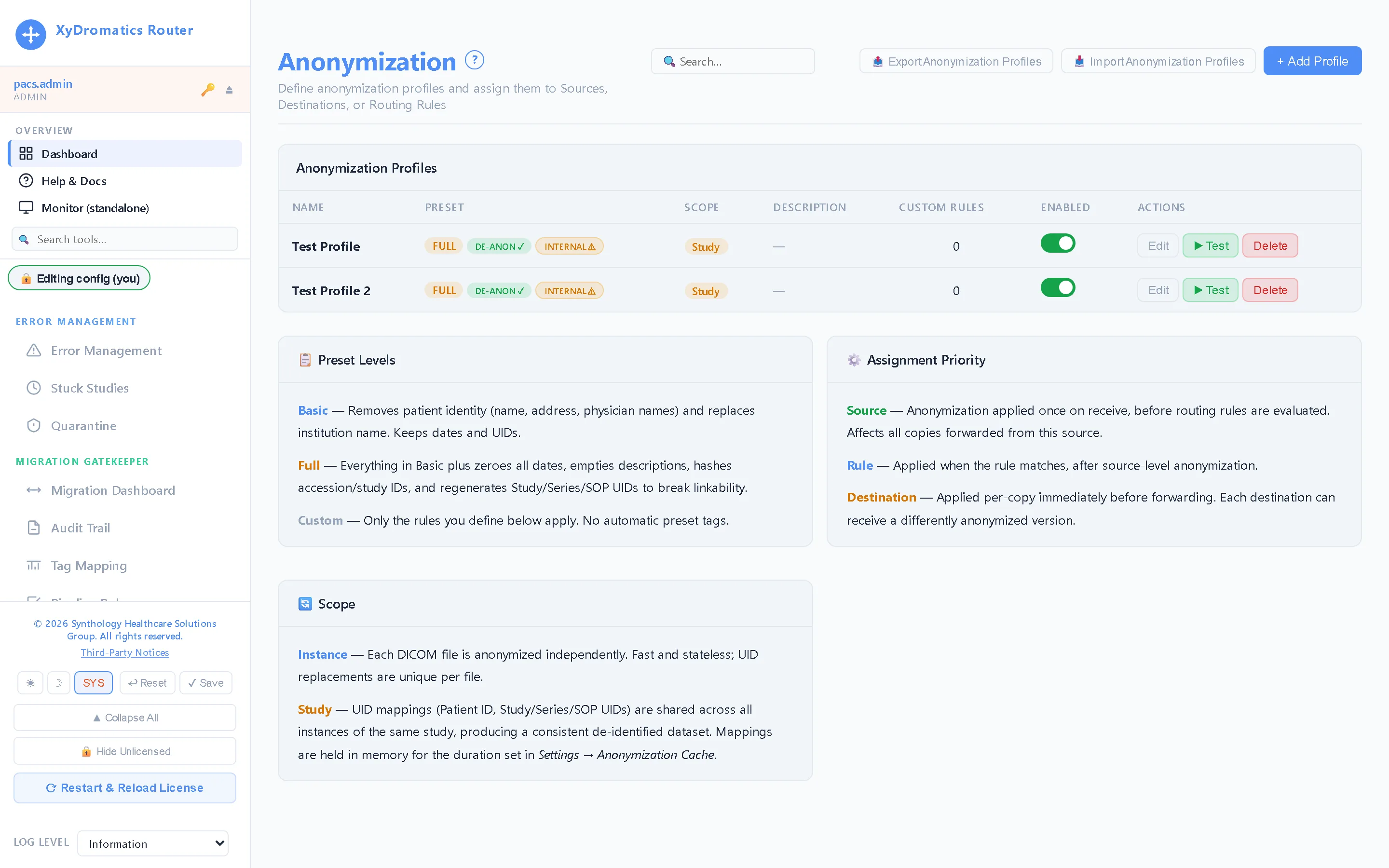Anonymization profiles — Named profiles — basic, full, or custom tag-by-tag — applied on export, with a test panel that shows exactly what a study will look like before it leaves.