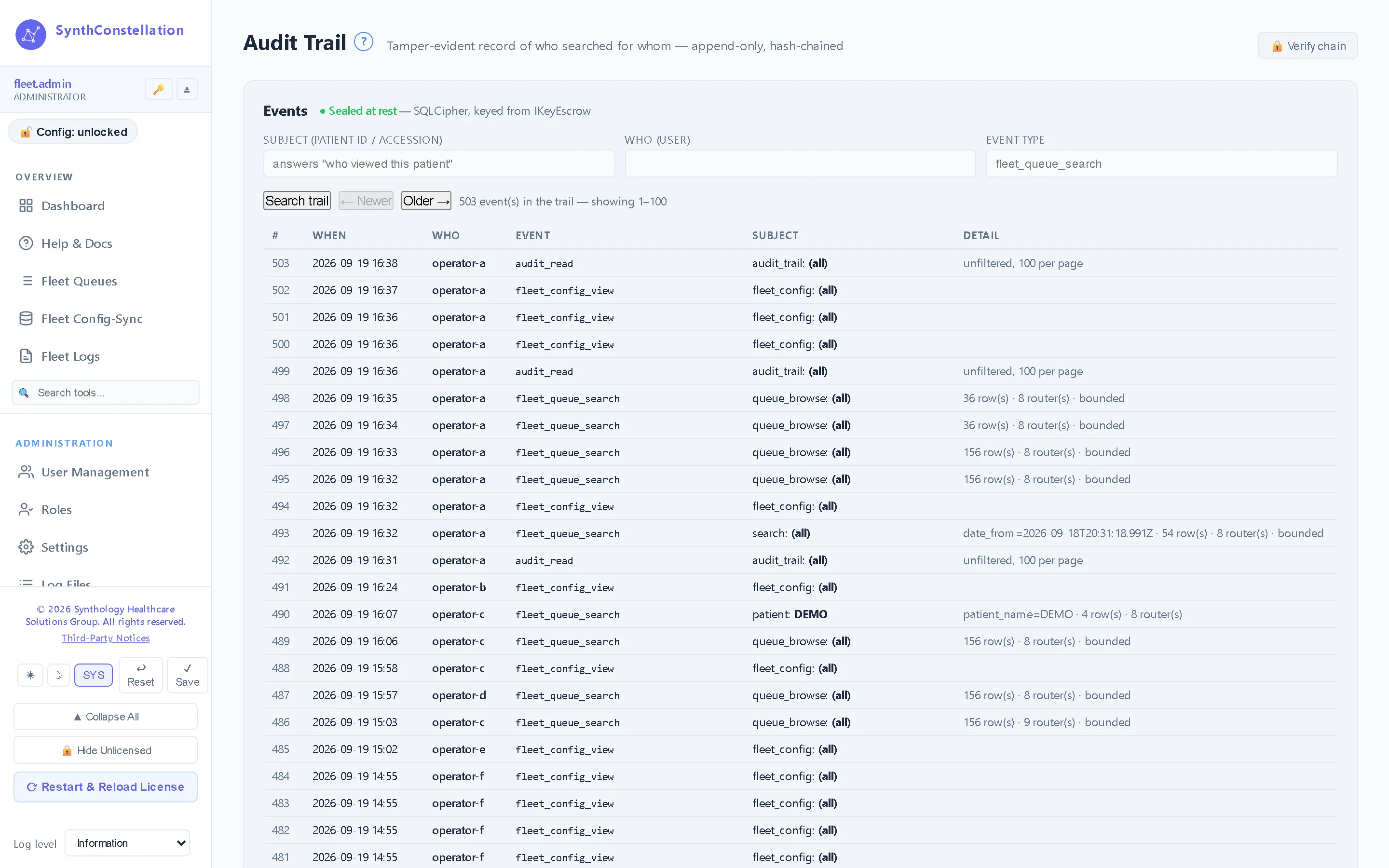 Audit trail — A hash-chained record of every action taken from the console, verifiable on demand.