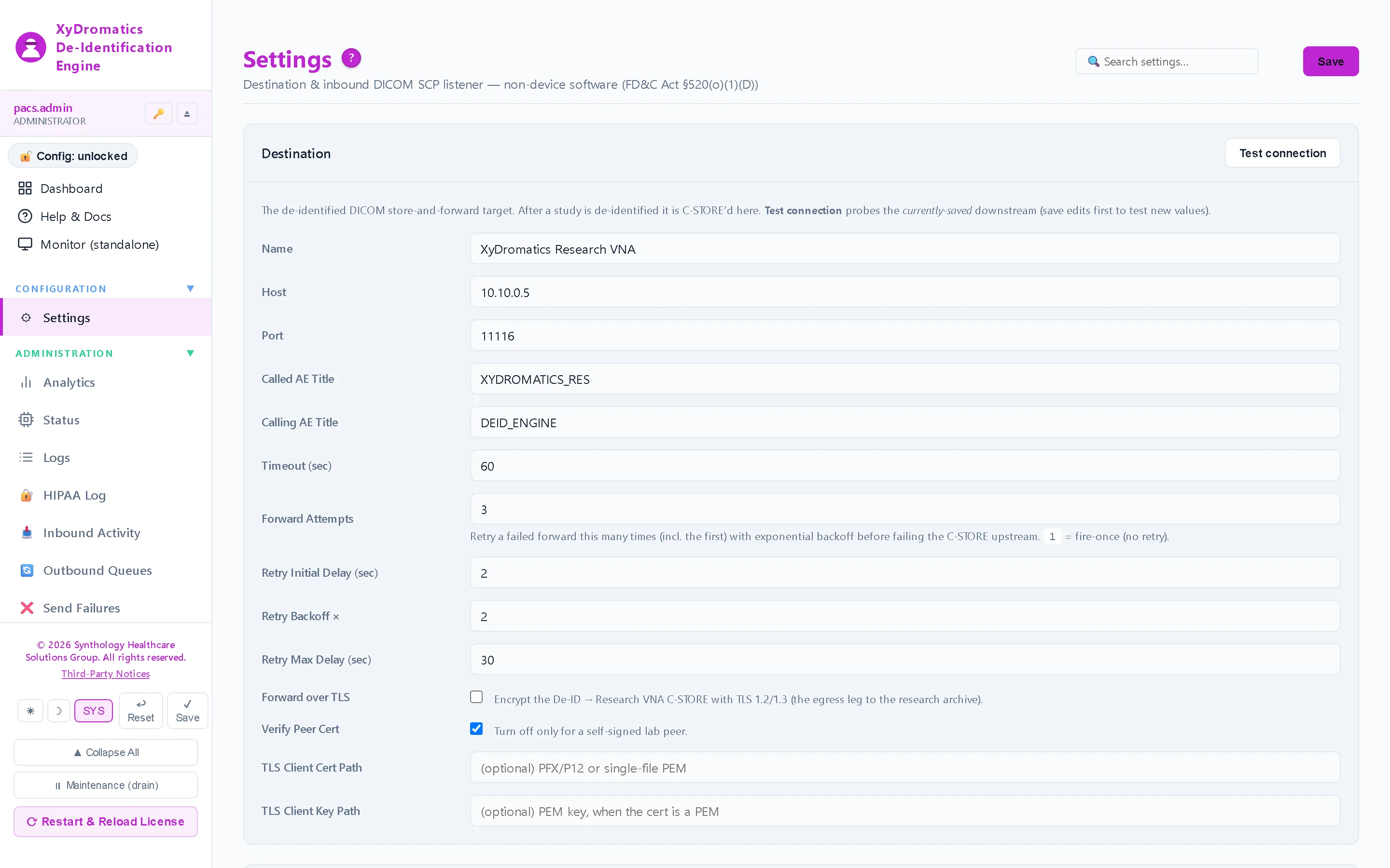Configuration — De-identification profile, SCP listener, downstream target and quarantine policy.