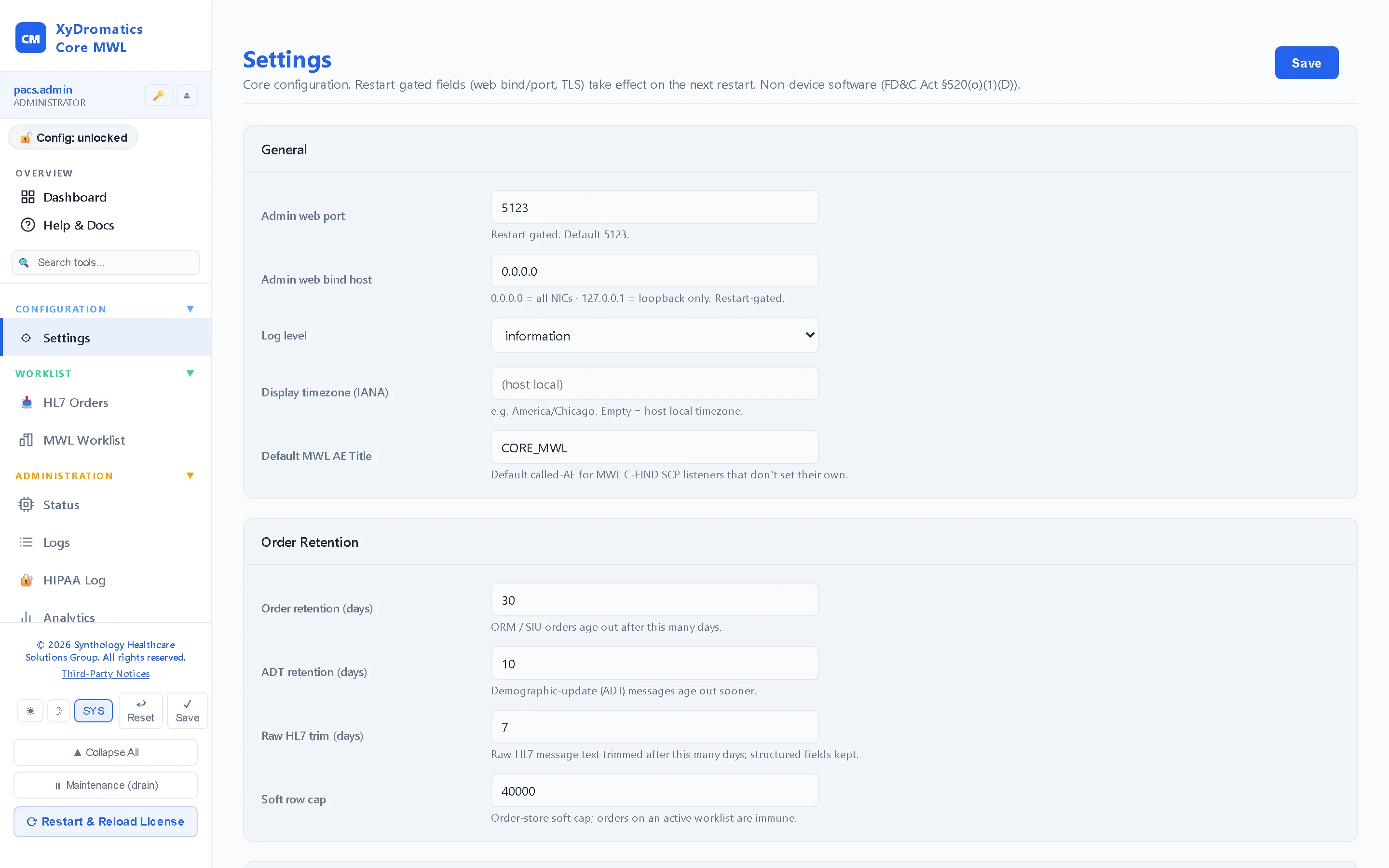 Configuration — HL7 listener, MWL SCP and the order-to-worklist field mapping from one page.