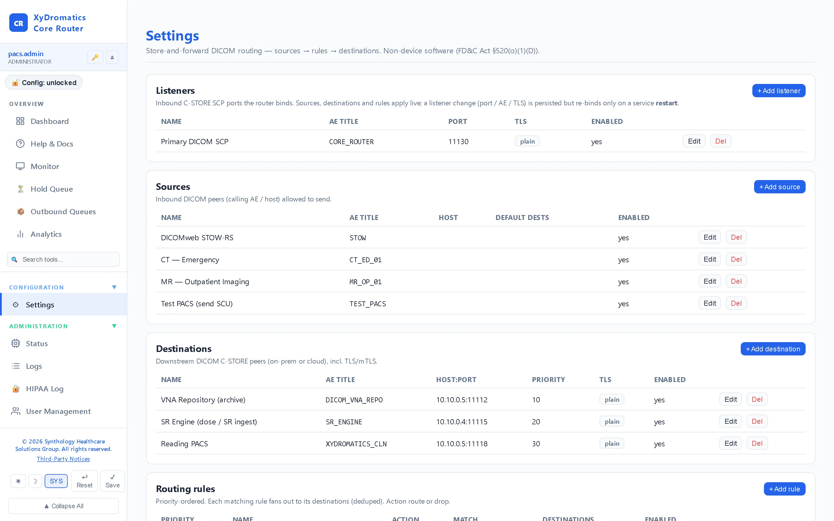 Configuration — Listeners, destinations and routing rules — durable store-and-forward with per-rule transforms and load-failover, set up from one page.