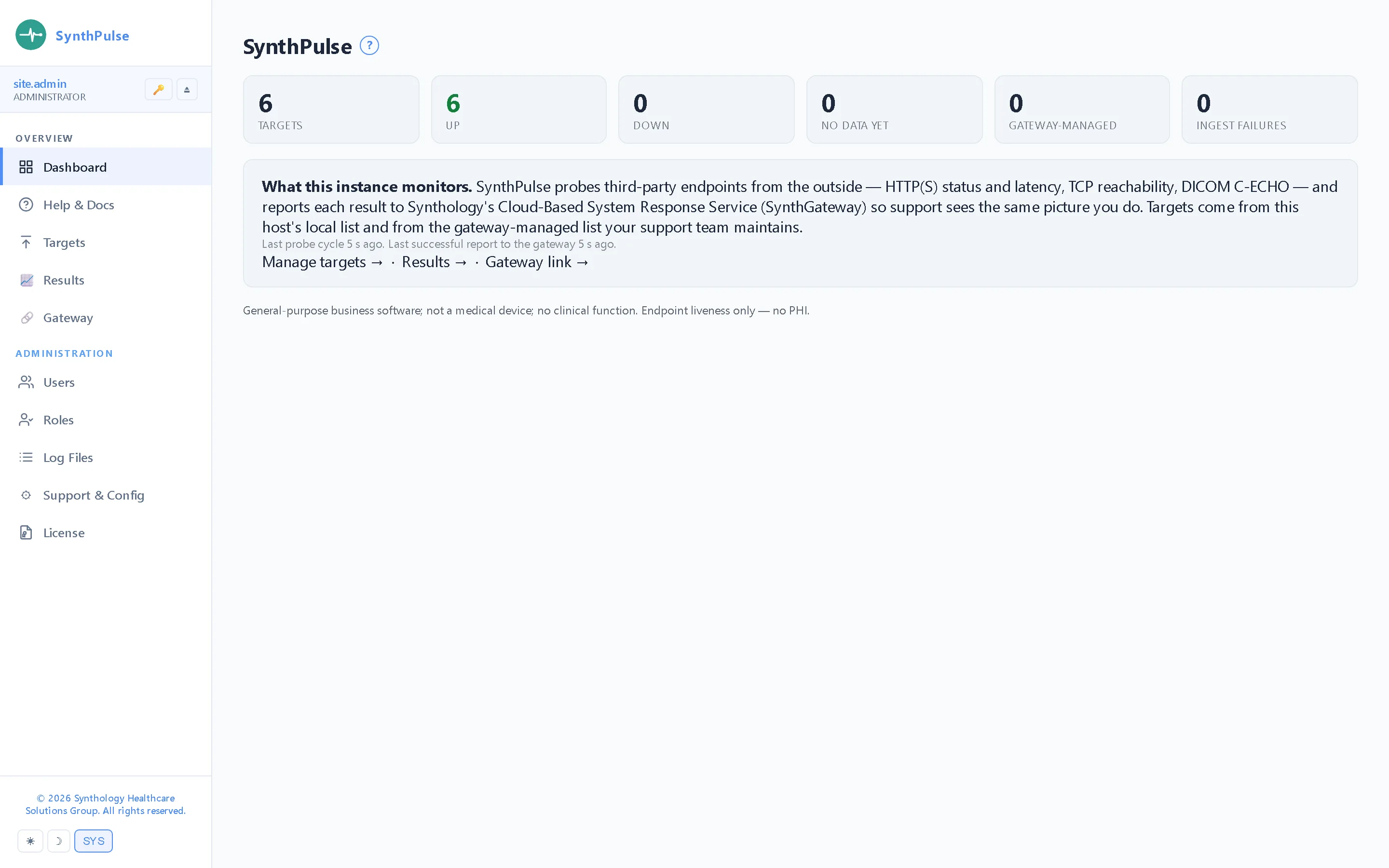 Dashboard — Targets, up, down, no-data-yet, gateway-managed and ingest failures at a glance — plus the last probe cycle, the last successful report to the gateway, and anything that is DOWN right now with its error and since-when.