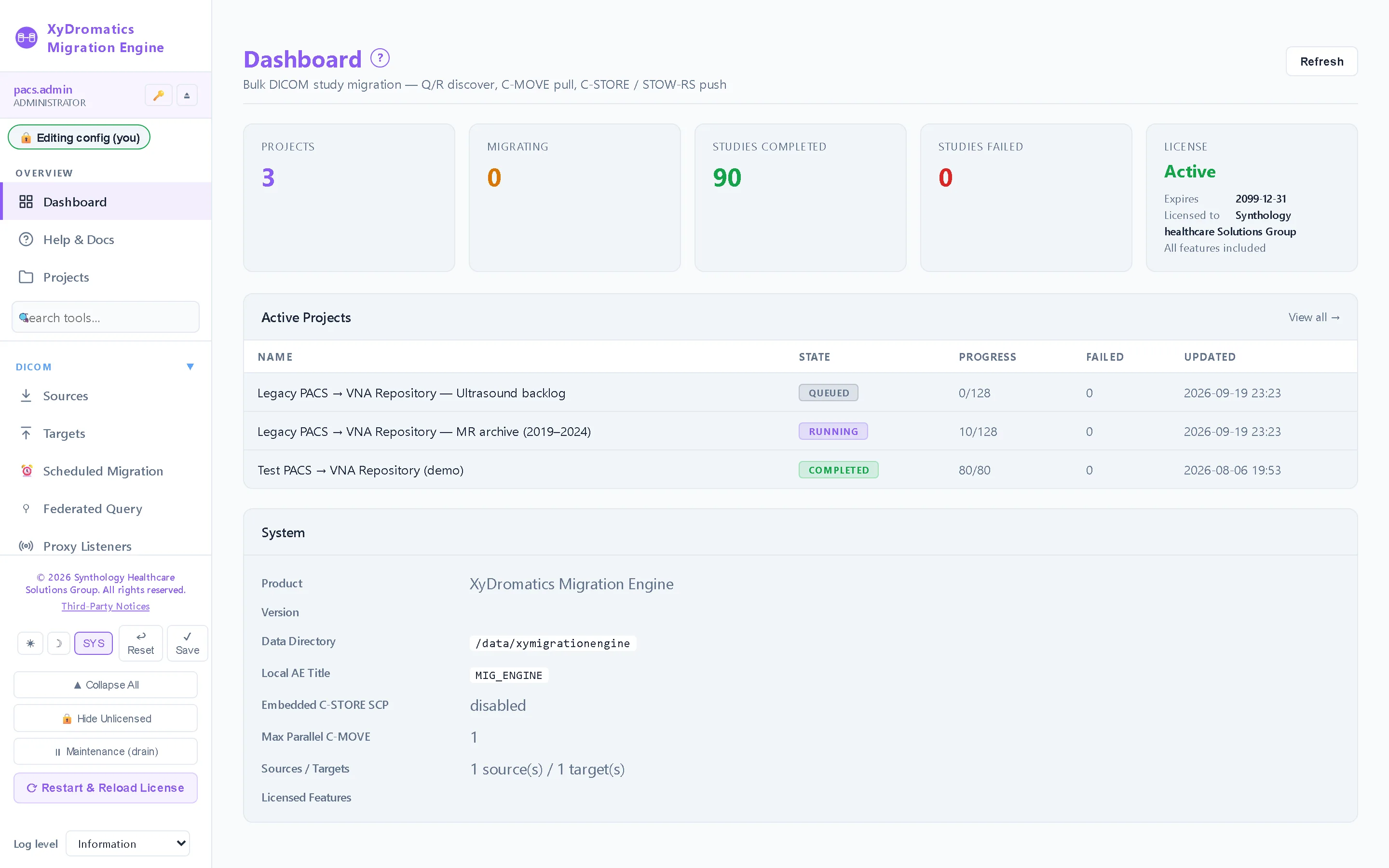 Dashboard — Migration progress, throughput and verification state across every project.