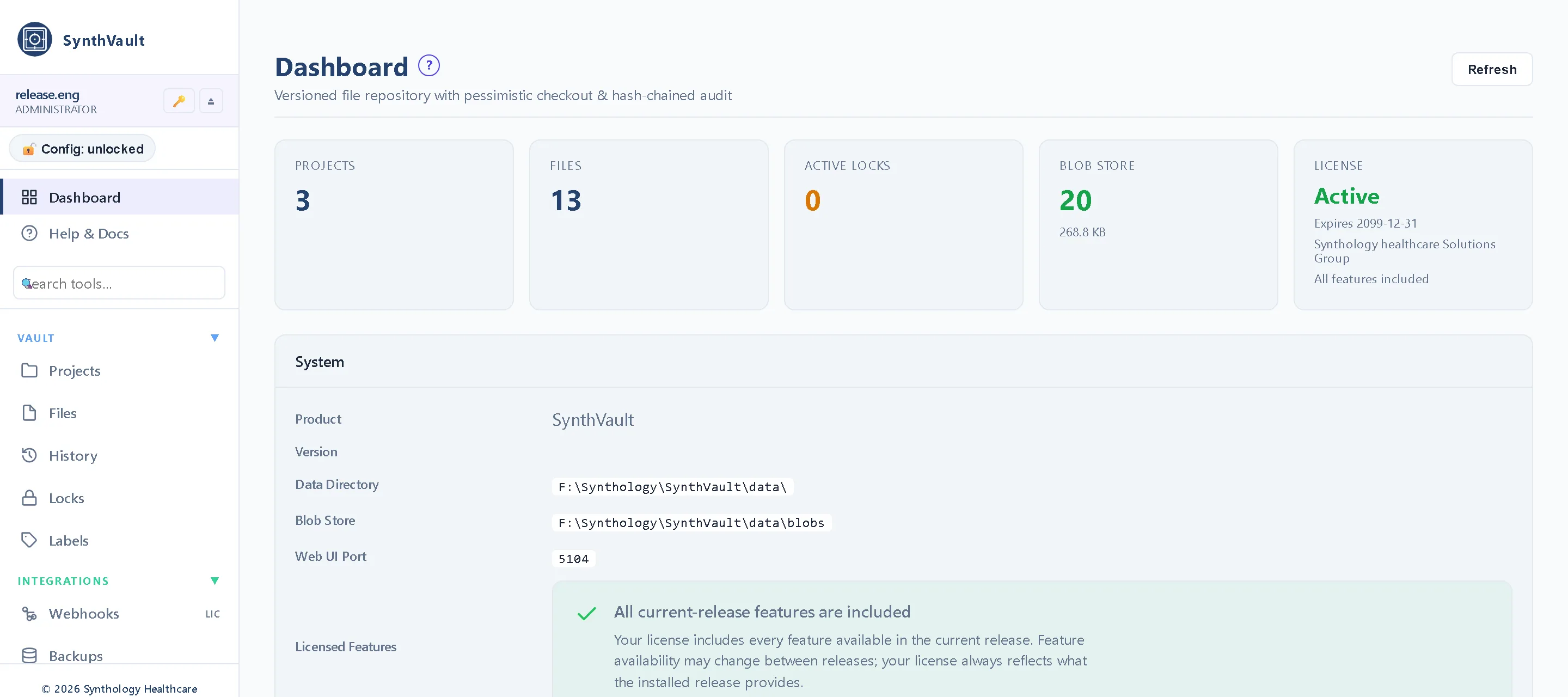 Dashboard — Projects, files under control, checkouts in progress and integrity status — the regulated source of truth at a glance.