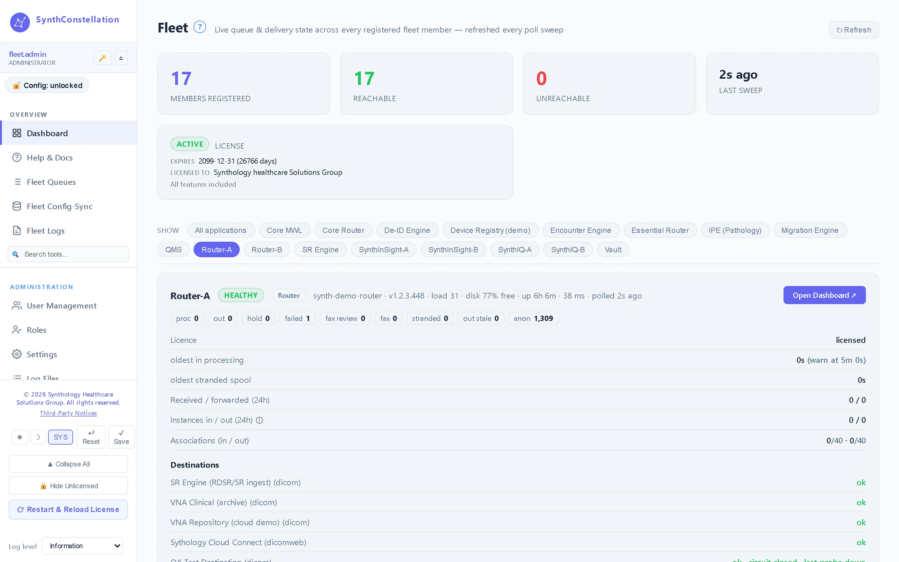 Fleet board — Every registered application on one board — health, queue depth, config-sync posture and reachability — with a one-click, single-sign-on jump into any application's own console.