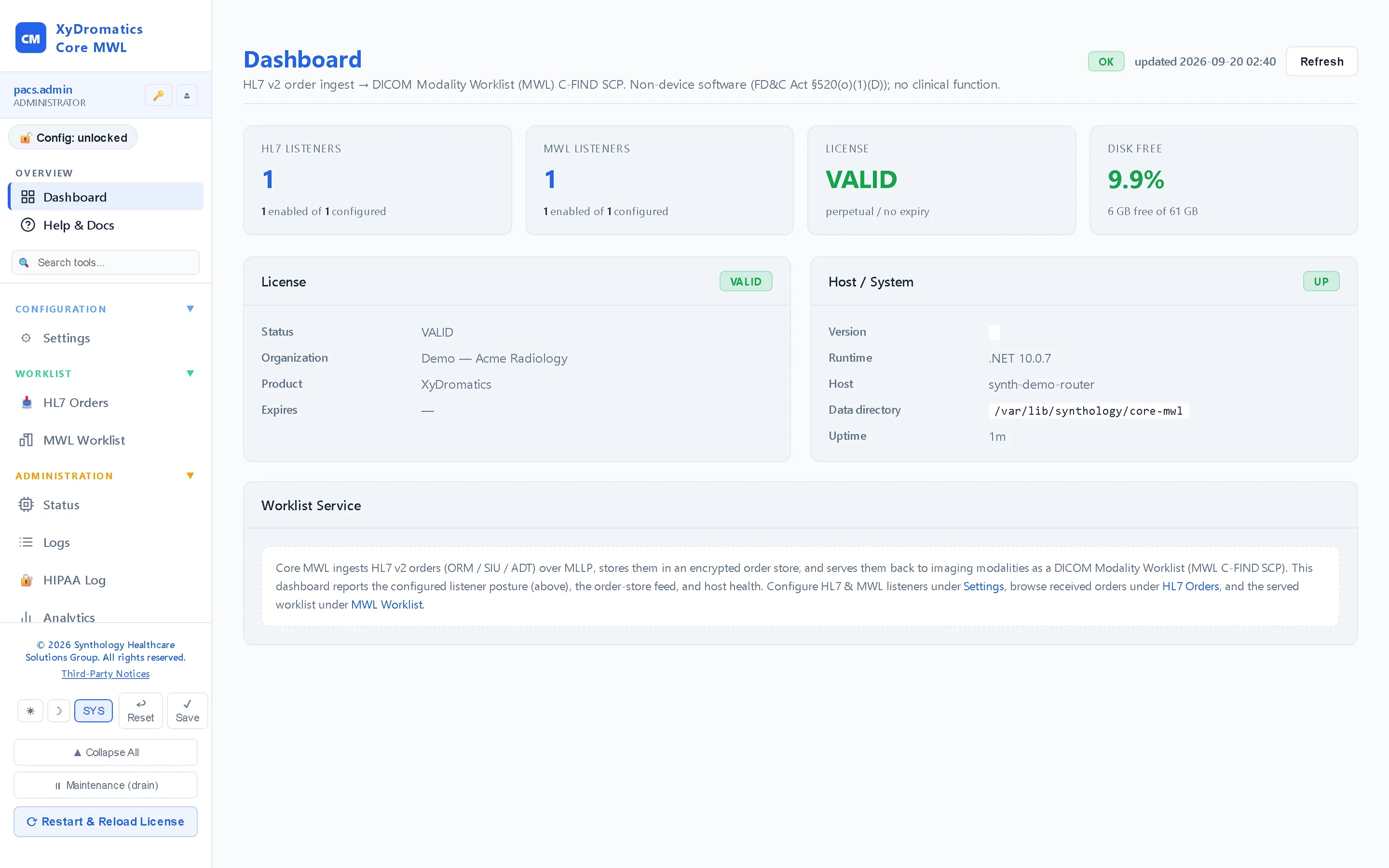 Dashboard — HL7 orders in, Modality Worklist out — order counts, worklist size and modality queries on one screen.