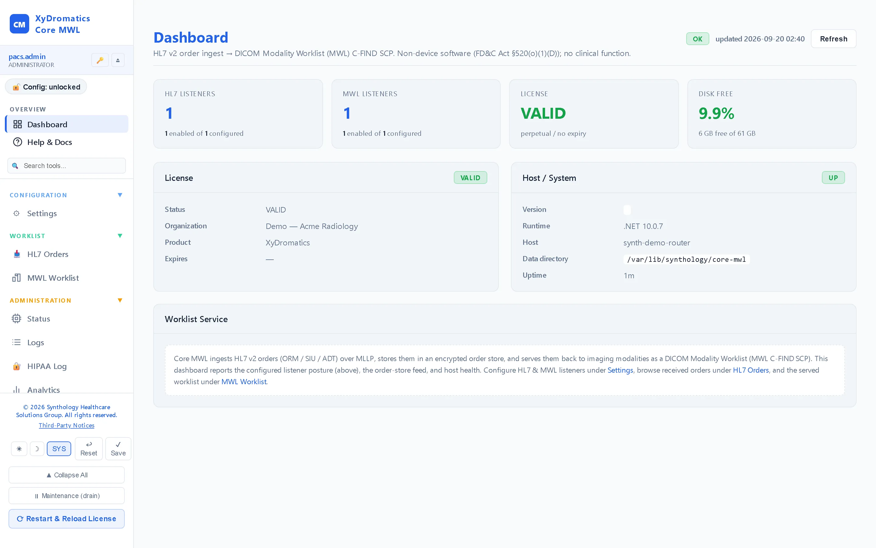 XyDromatics Core MWL — Dashboard