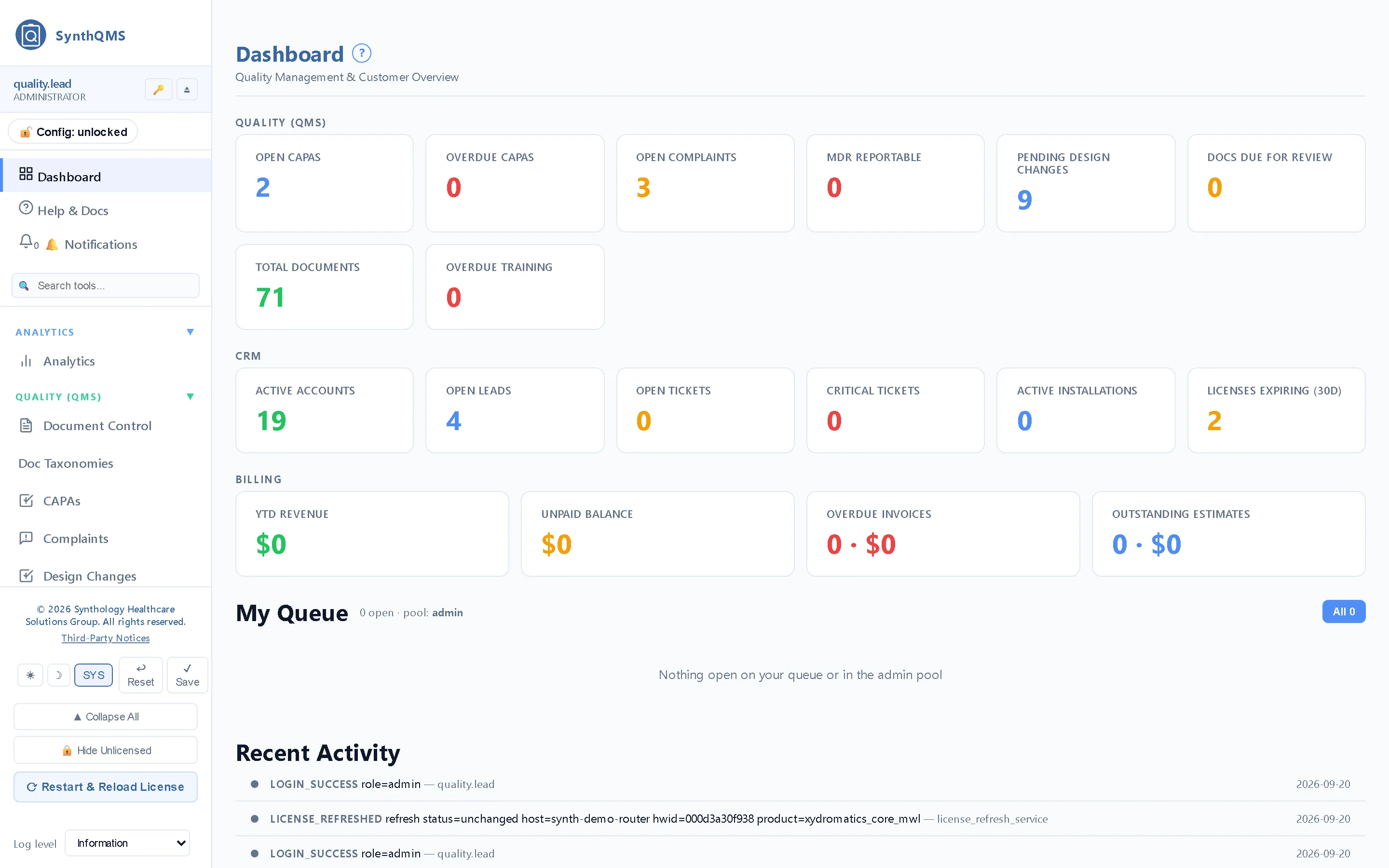 Dashboard — Open CAPAs, documents in review, complaints, training due and the sales pipeline — one quality-and-commercial control plane.