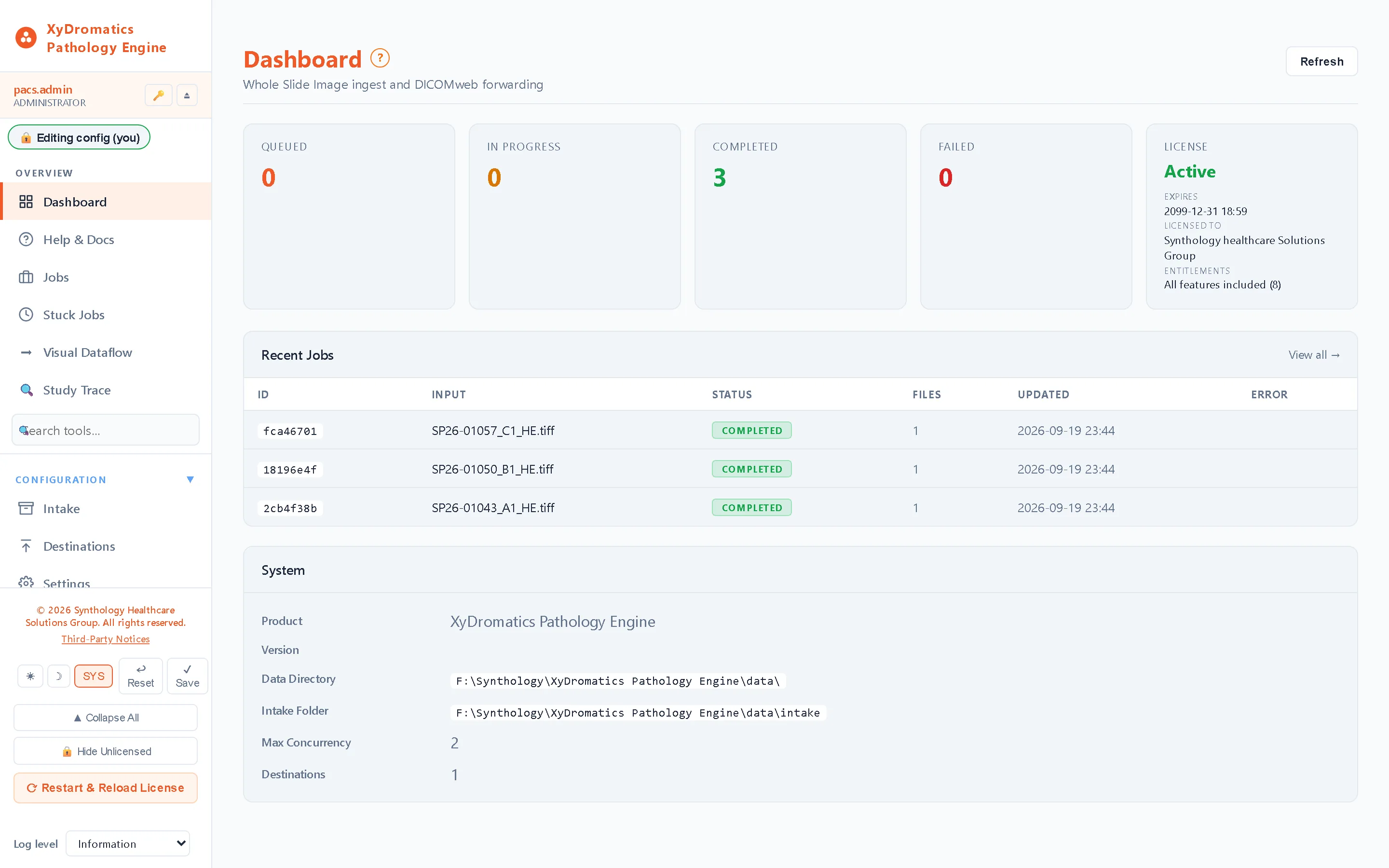 Dashboard — Whole-slide intake, conversion and DICOMweb delivery — queue, completed and failed counts with the most recent jobs.