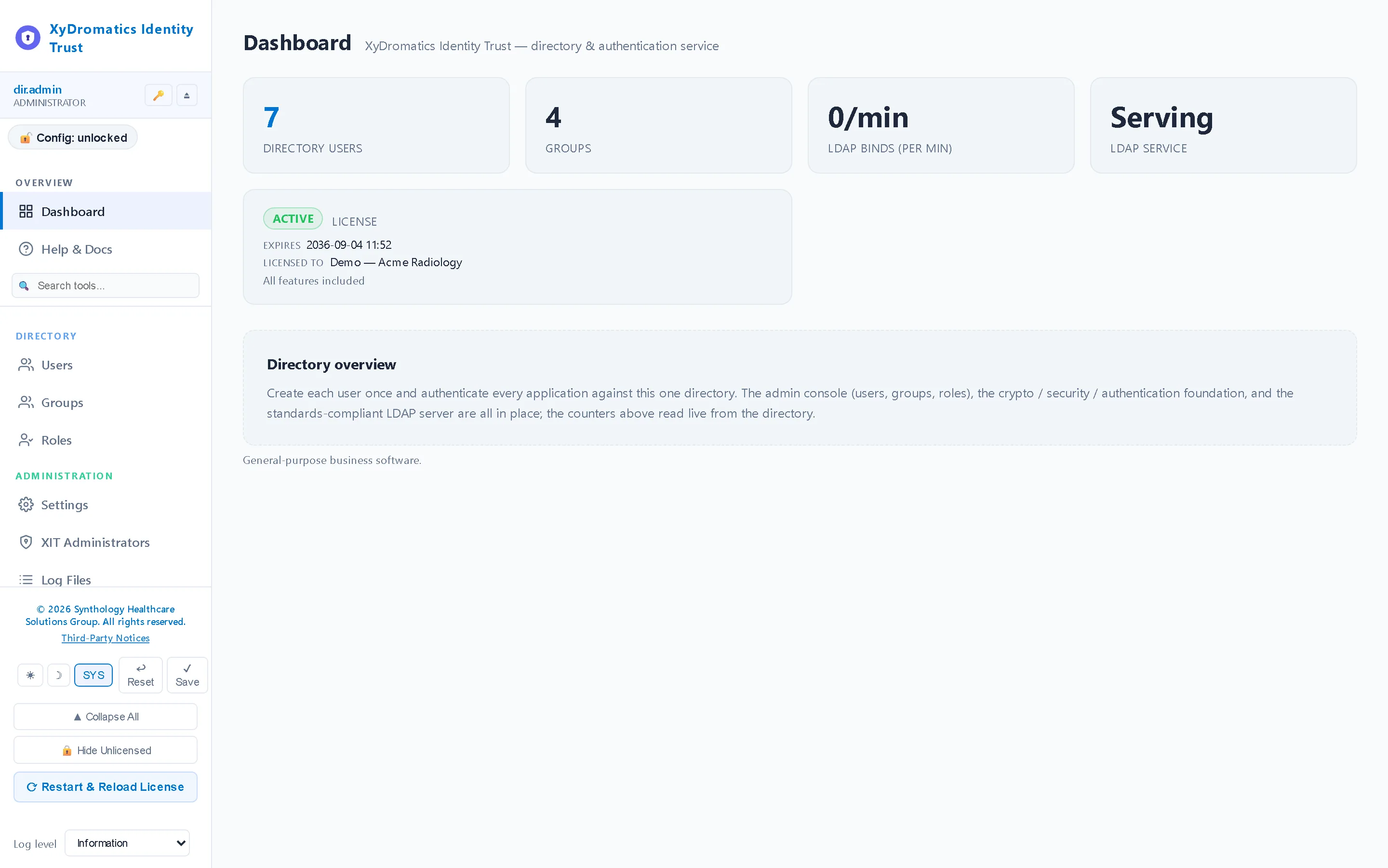 Dashboard — Directory health, LDAP serve state, bind activity and the fleet applications trusting this directory — on one screen.