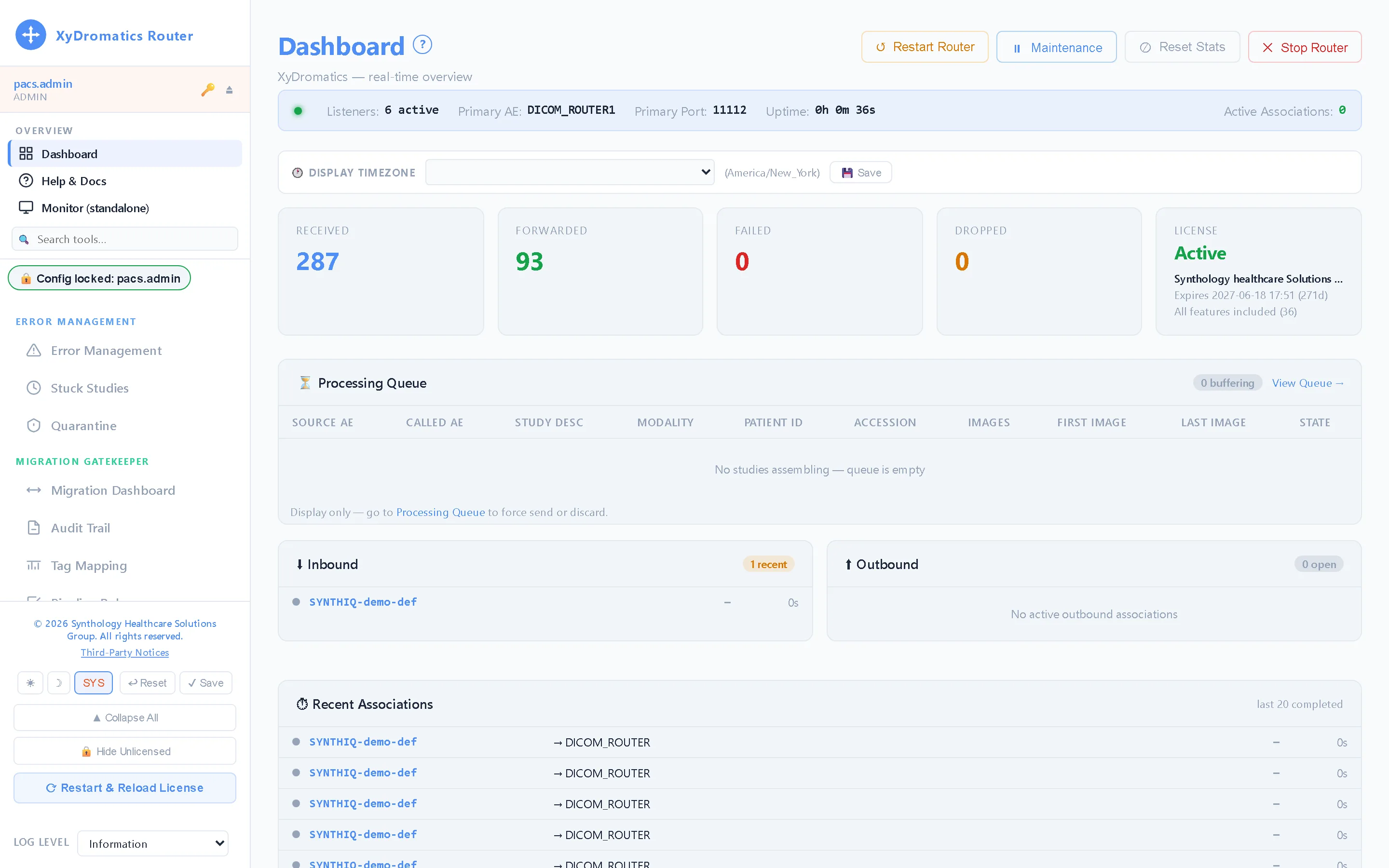 Dashboard — Listeners, queues, destinations and throughput on one screen — what is arriving, what is waiting, and where it is going.