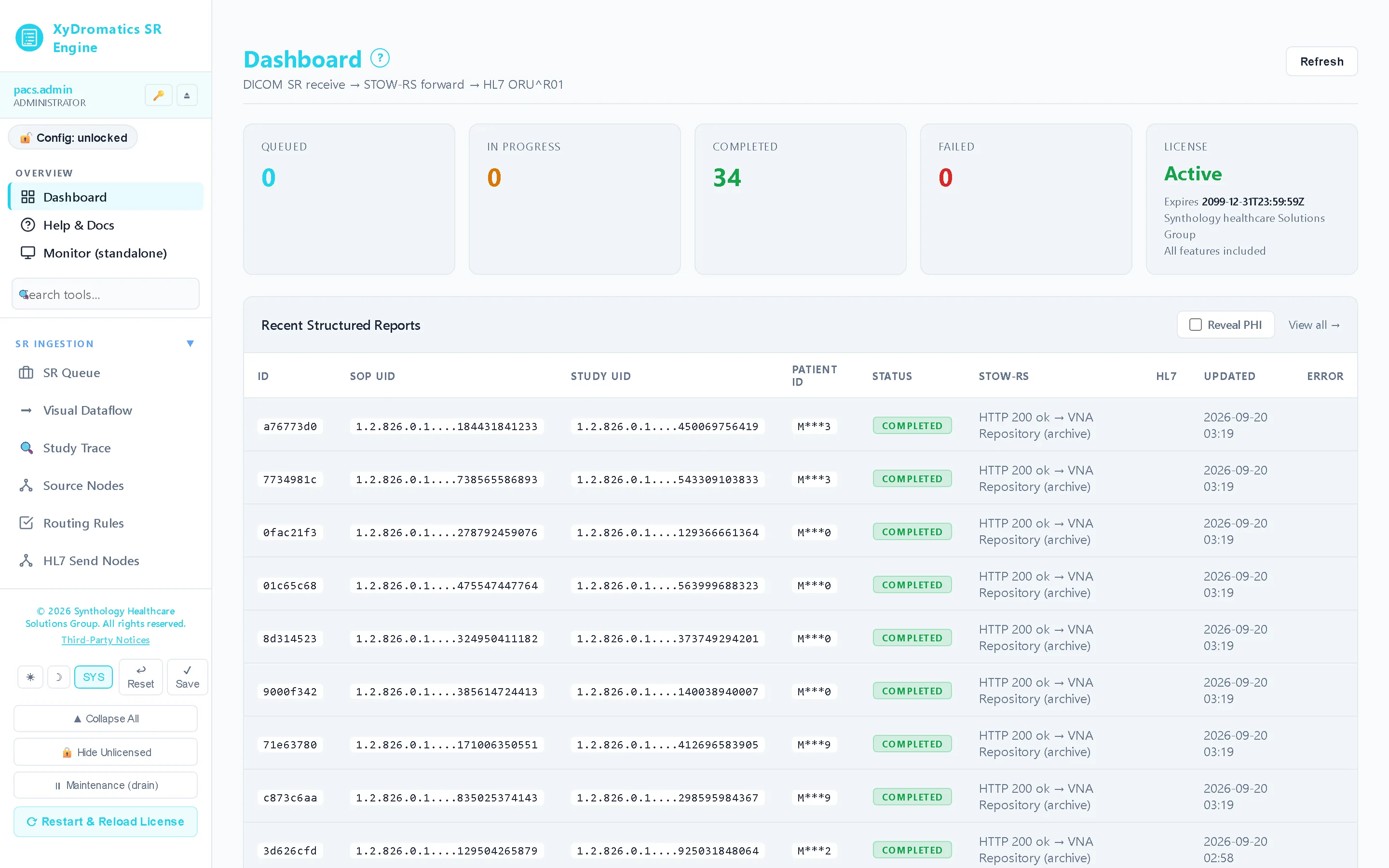 Dashboard — Structured reports and dose reports in, forwarded out — every recent SR with its STOW-RS result and HL7 outcome, on one screen.