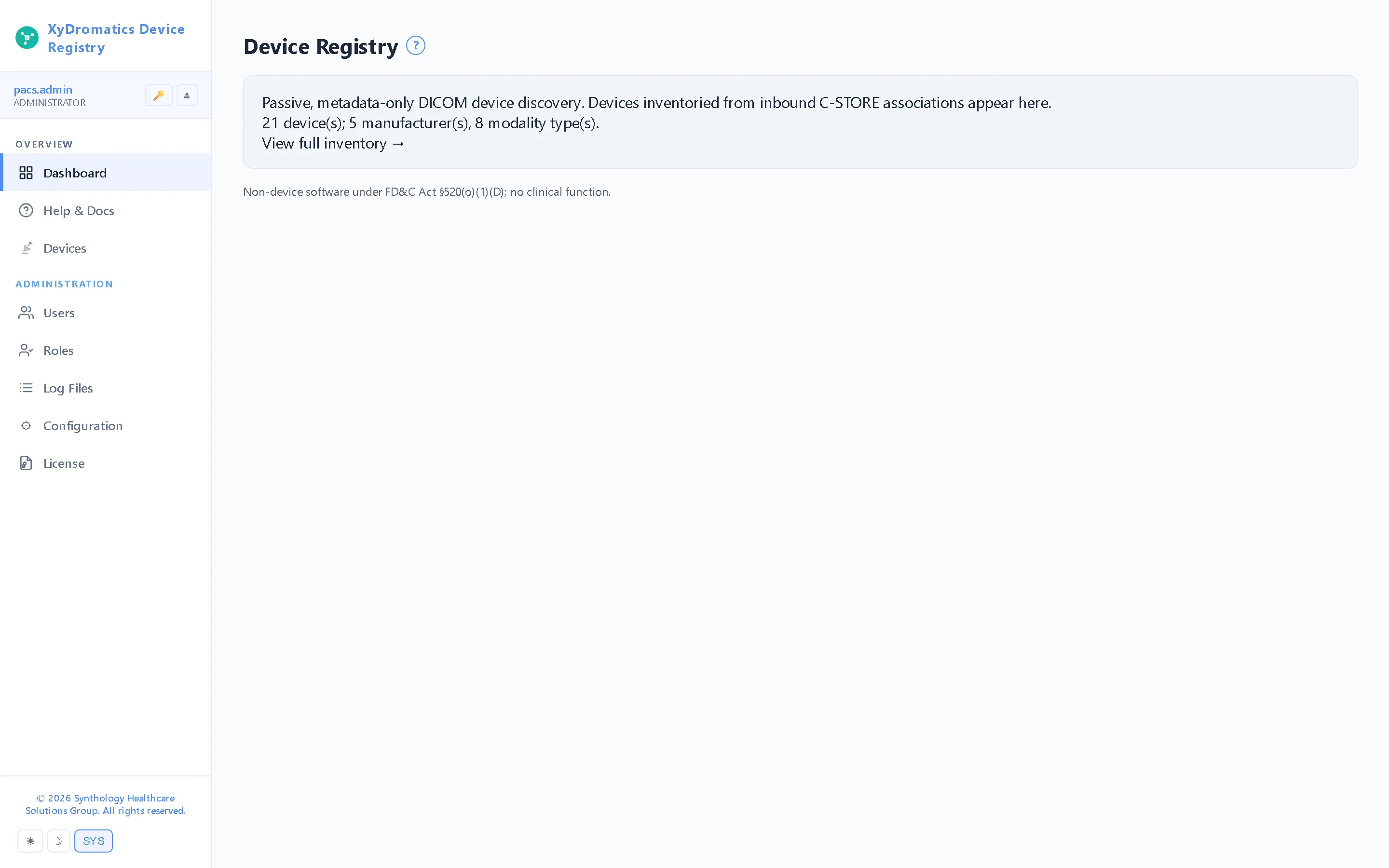 Dashboard — The fleet at a glance — device, manufacturer and modality counts, straight from what the network has shown the registry.
