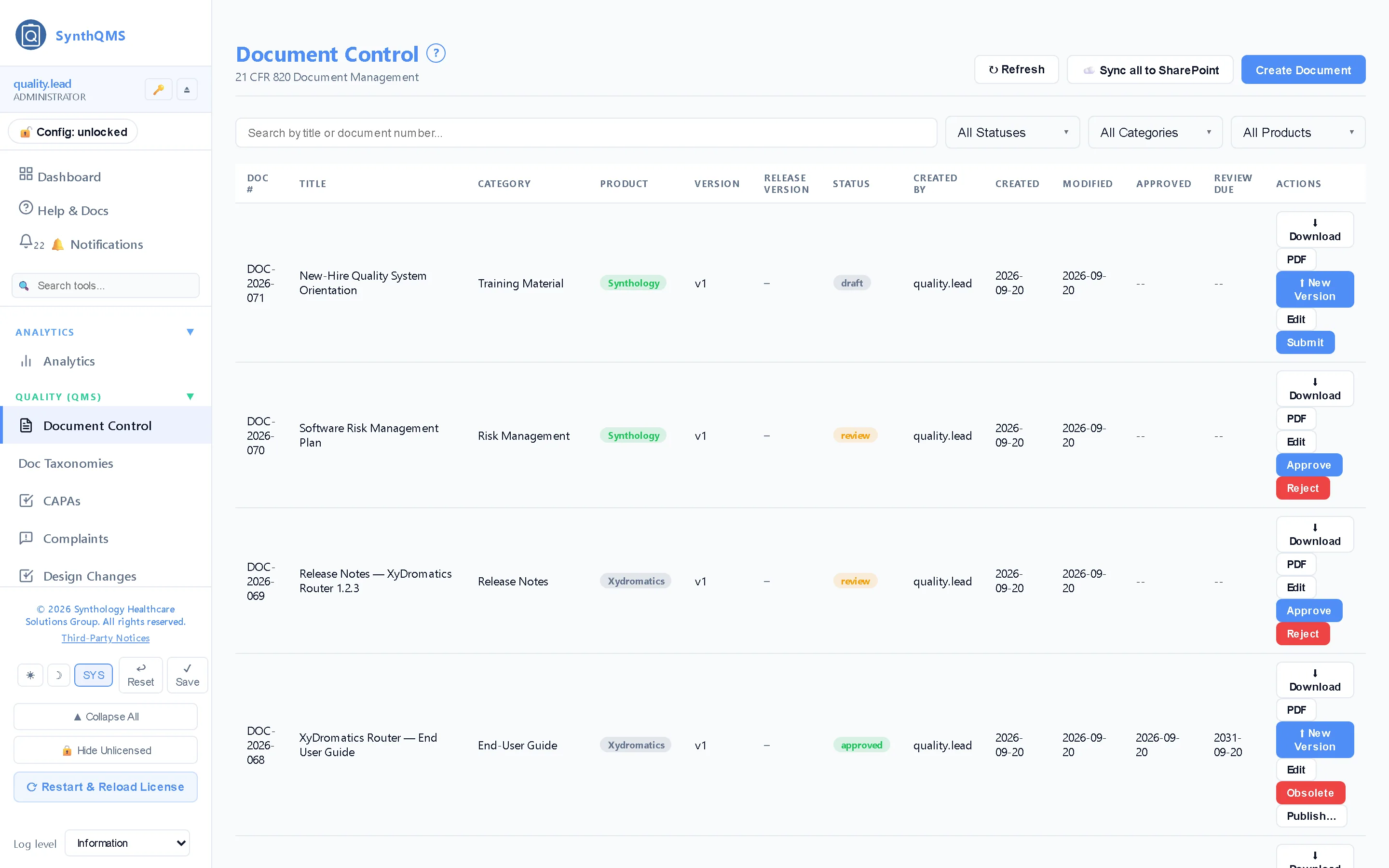 Document control — Controlled documents with numbering, revision history, review and approval routing, and the audit trail behind every version.