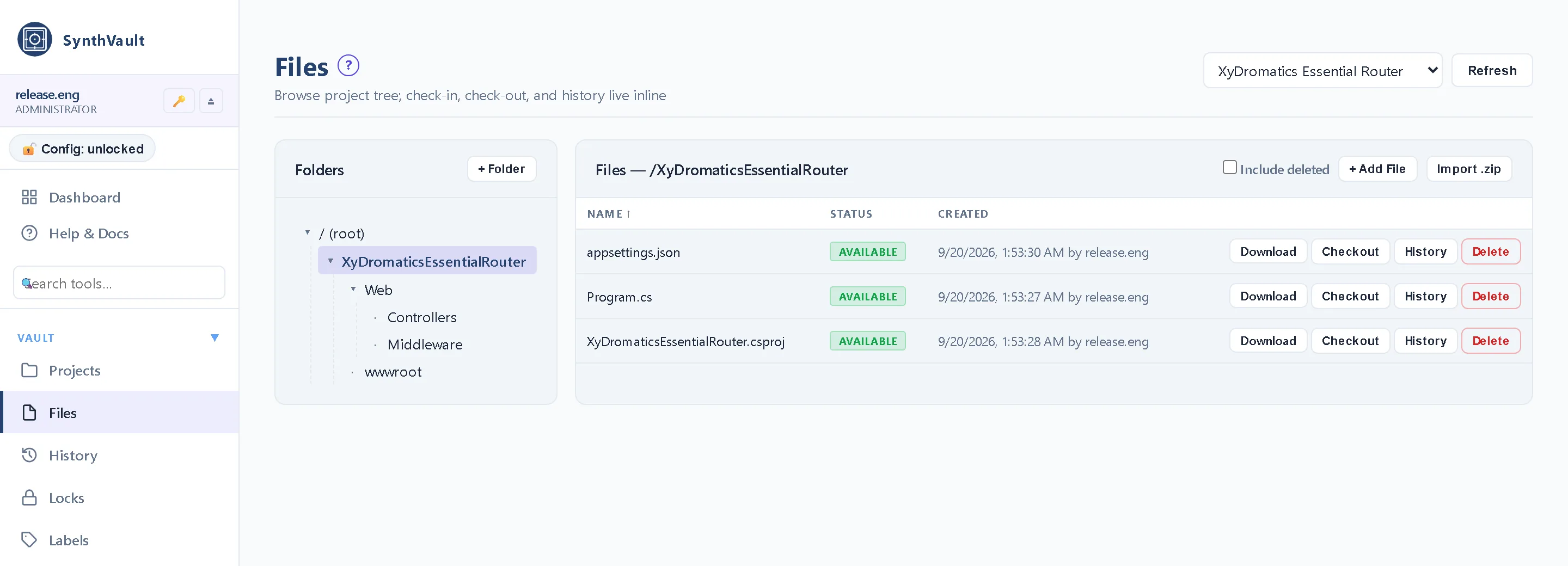 Files & versions — Every source file and release artifact with its version history, who checked it in, and the change it belongs to.