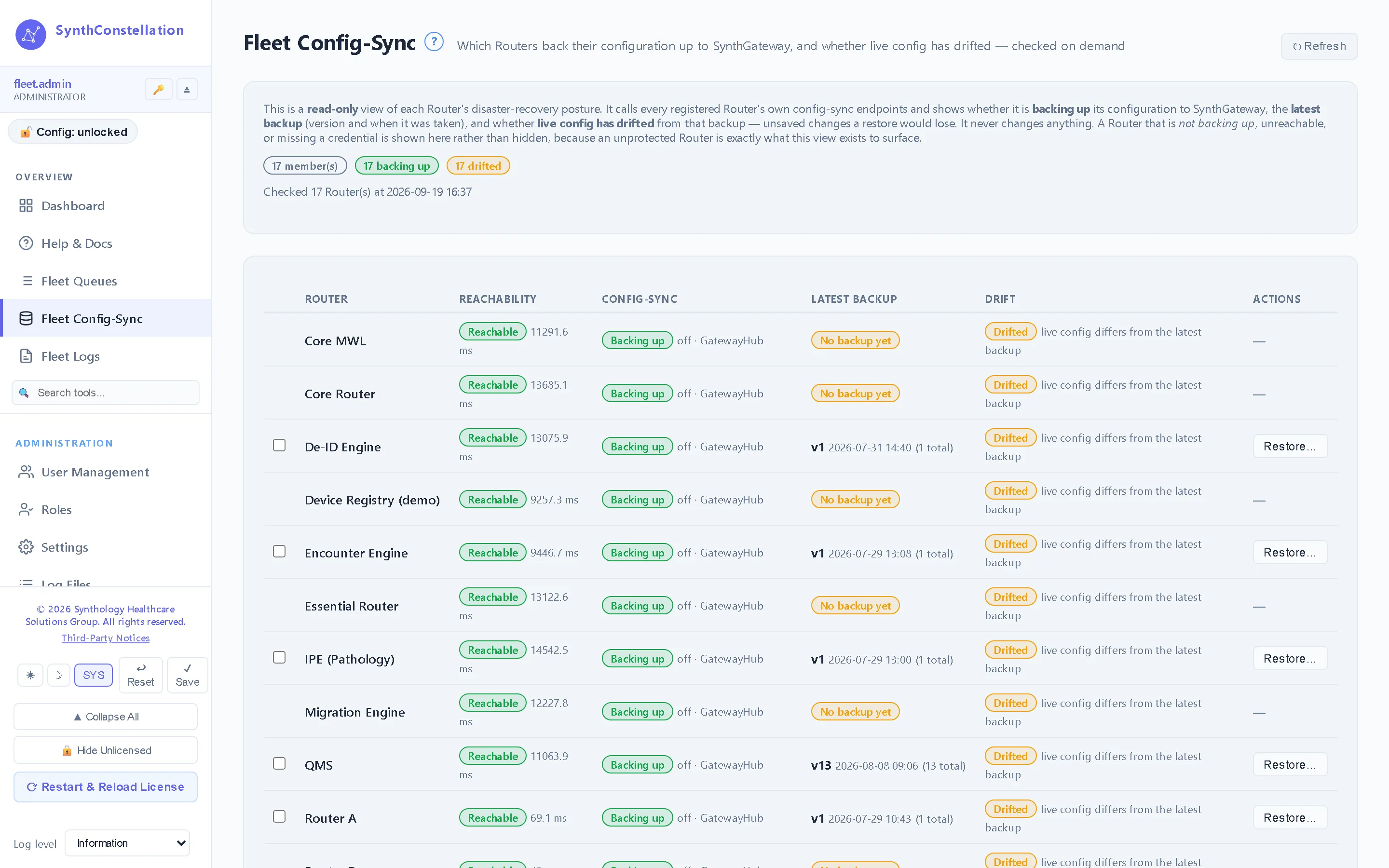 Fleet config sync — Each enrolled product seals its configuration to the hub on a schedule. See every product's backup series, restore any version, or reseed a replacement application from the config it replaces.