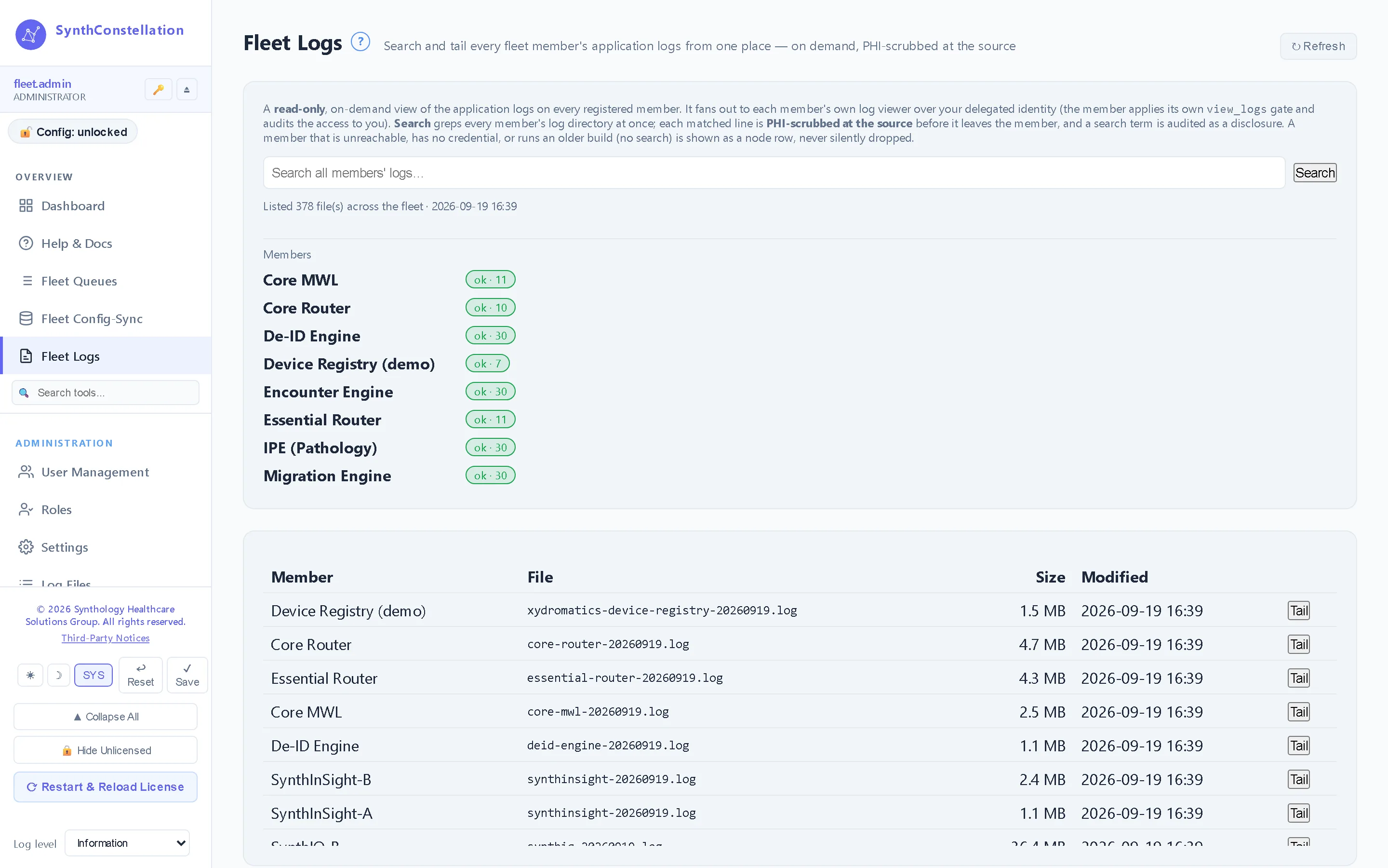 Fleet logs — Read any application's log tail from the console without opening a shell on the host.