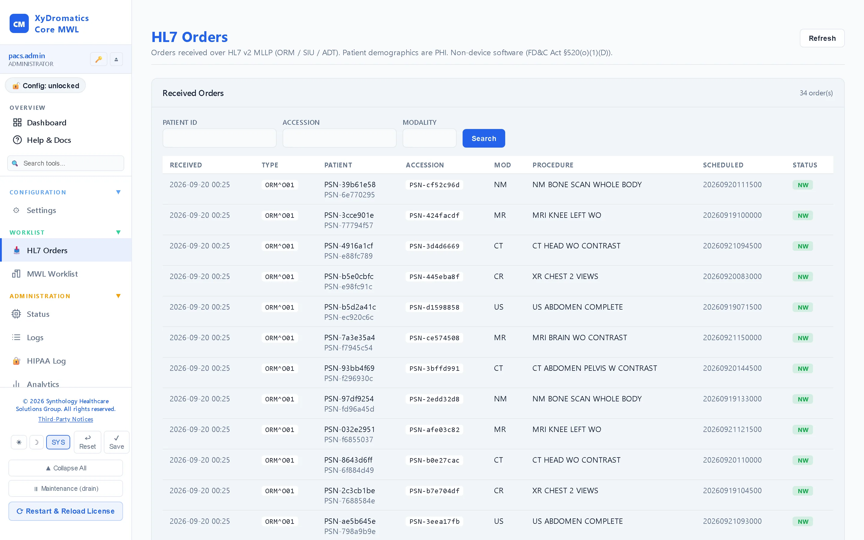HL7 orders — Every inbound ORM/OMI order with its parse result and the worklist entry it produced.
