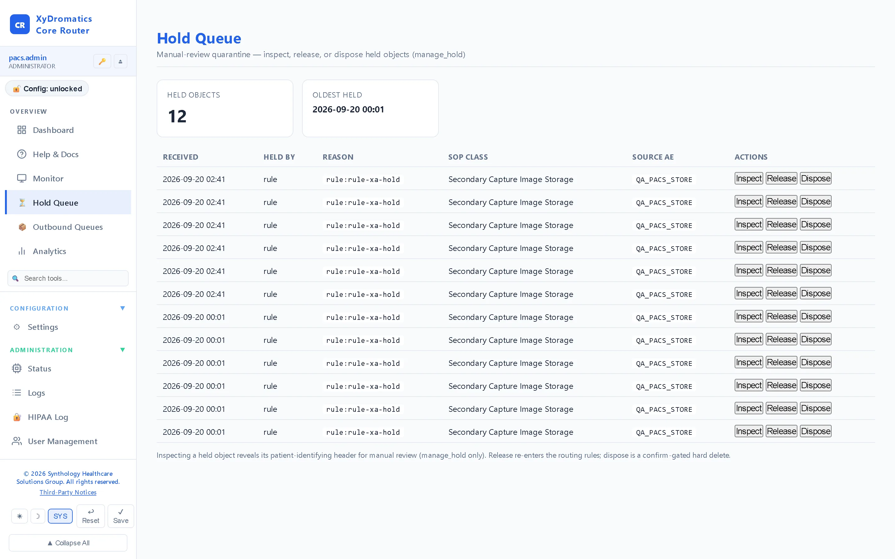Hold queue — Studies held by rule until you release them — review, release or discard.