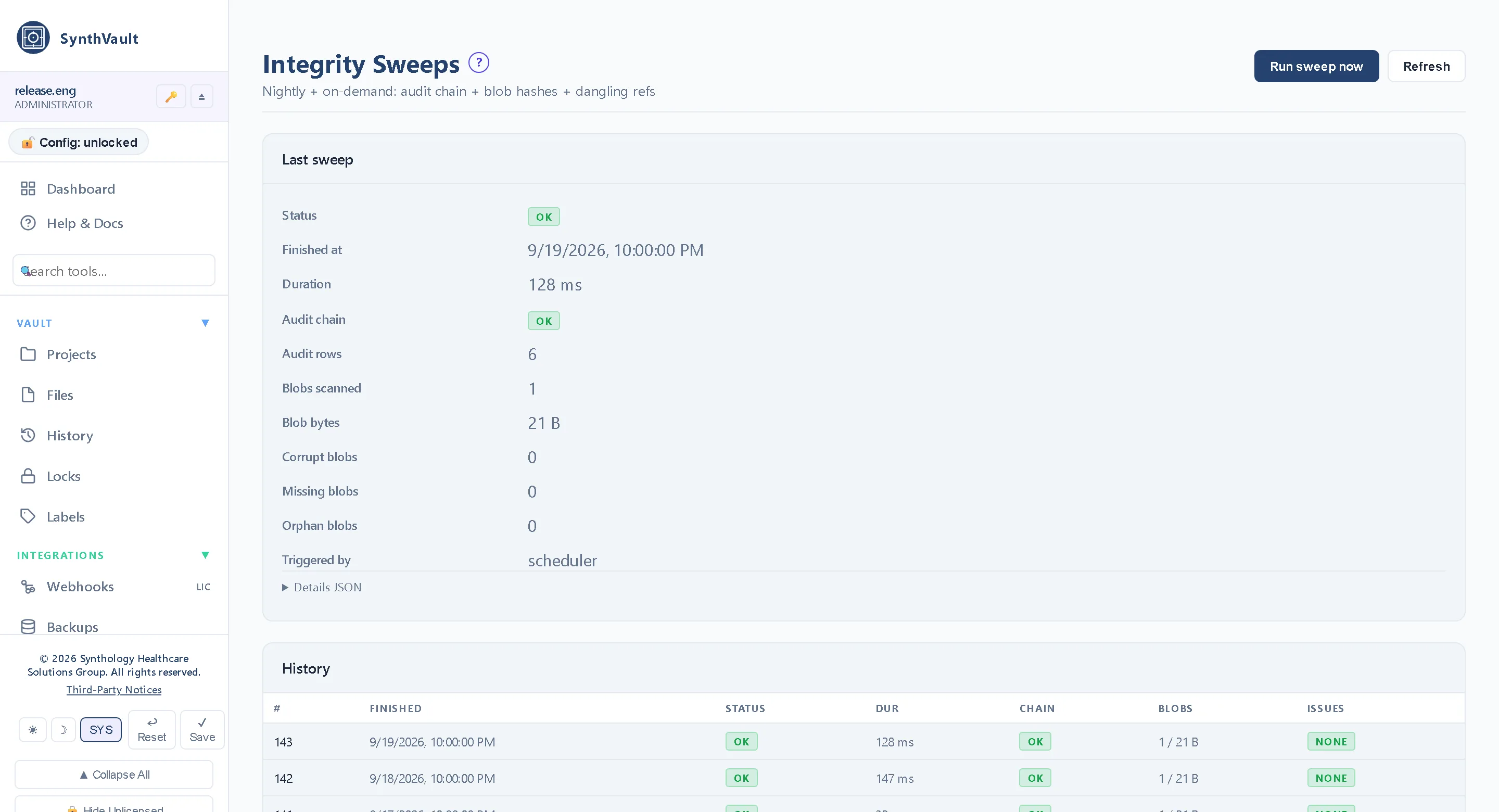 Integrity — Content hashes verified on demand and on schedule, so a bit-rotted or tampered artifact is found before it ships.