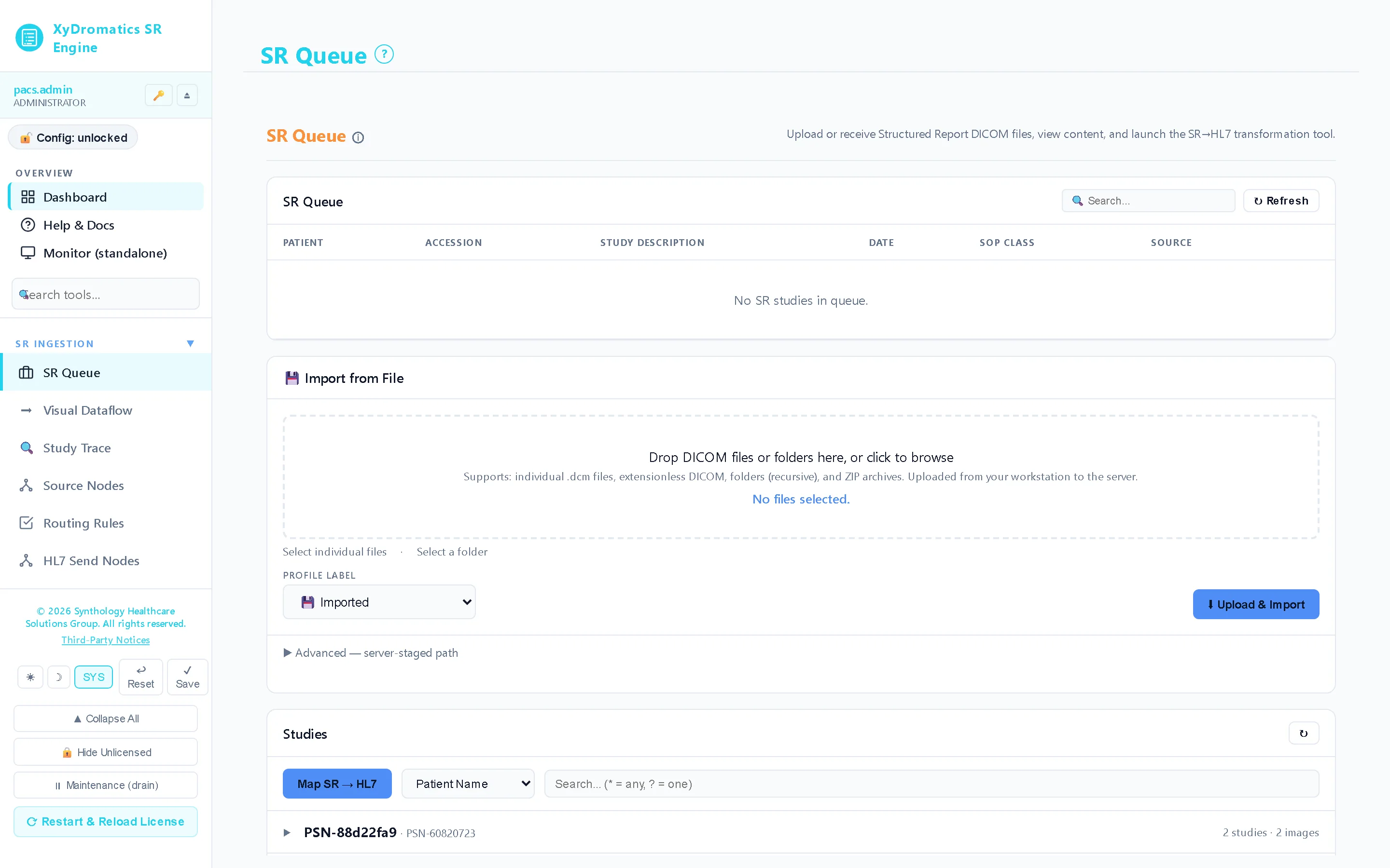 SR queue — Every structured report as it arrives — view its content, map it to HL7, or launch the SR→HL7 transformation tool. Identifiers masked by role.