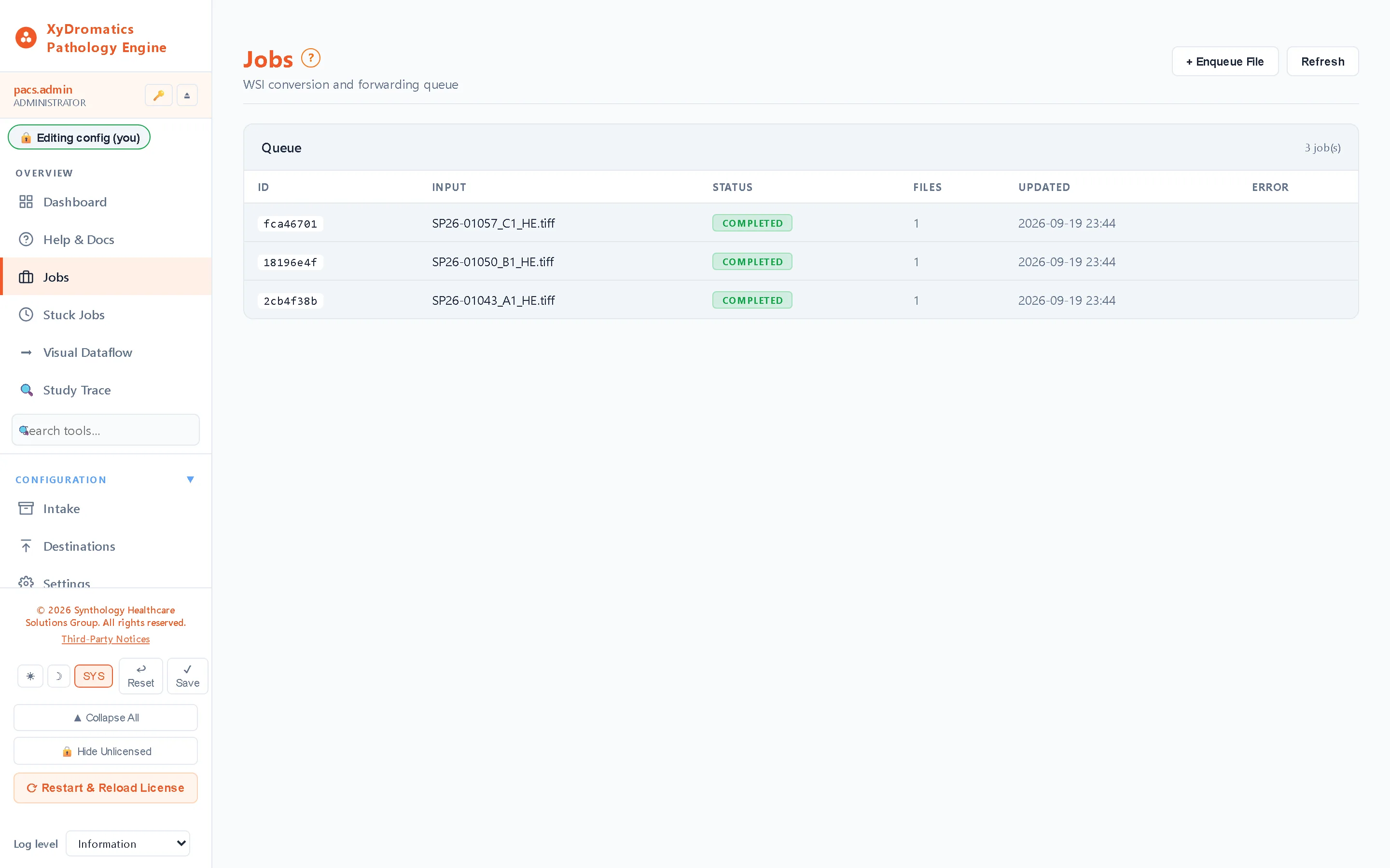 Conversion jobs — Every slide through conversion to DICOM WSI and delivery to the archive, with state, file count and timing.