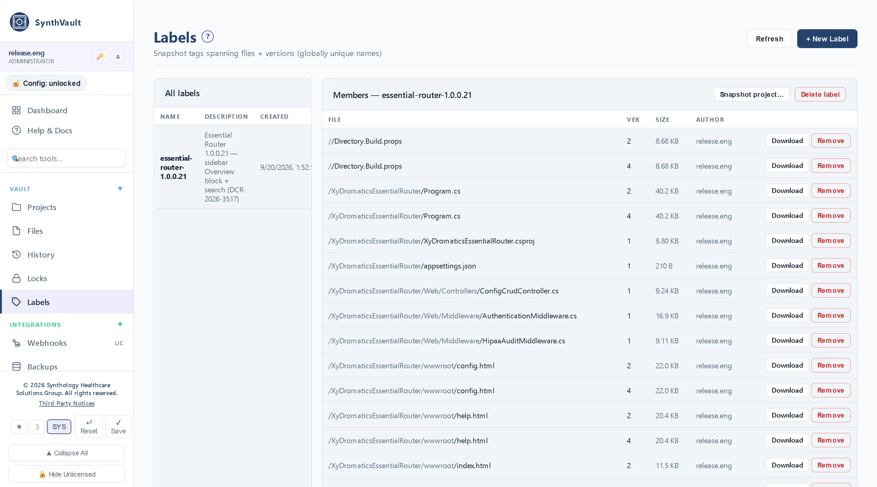 Labels & releases — A label freezes the exact file set a release was built from.