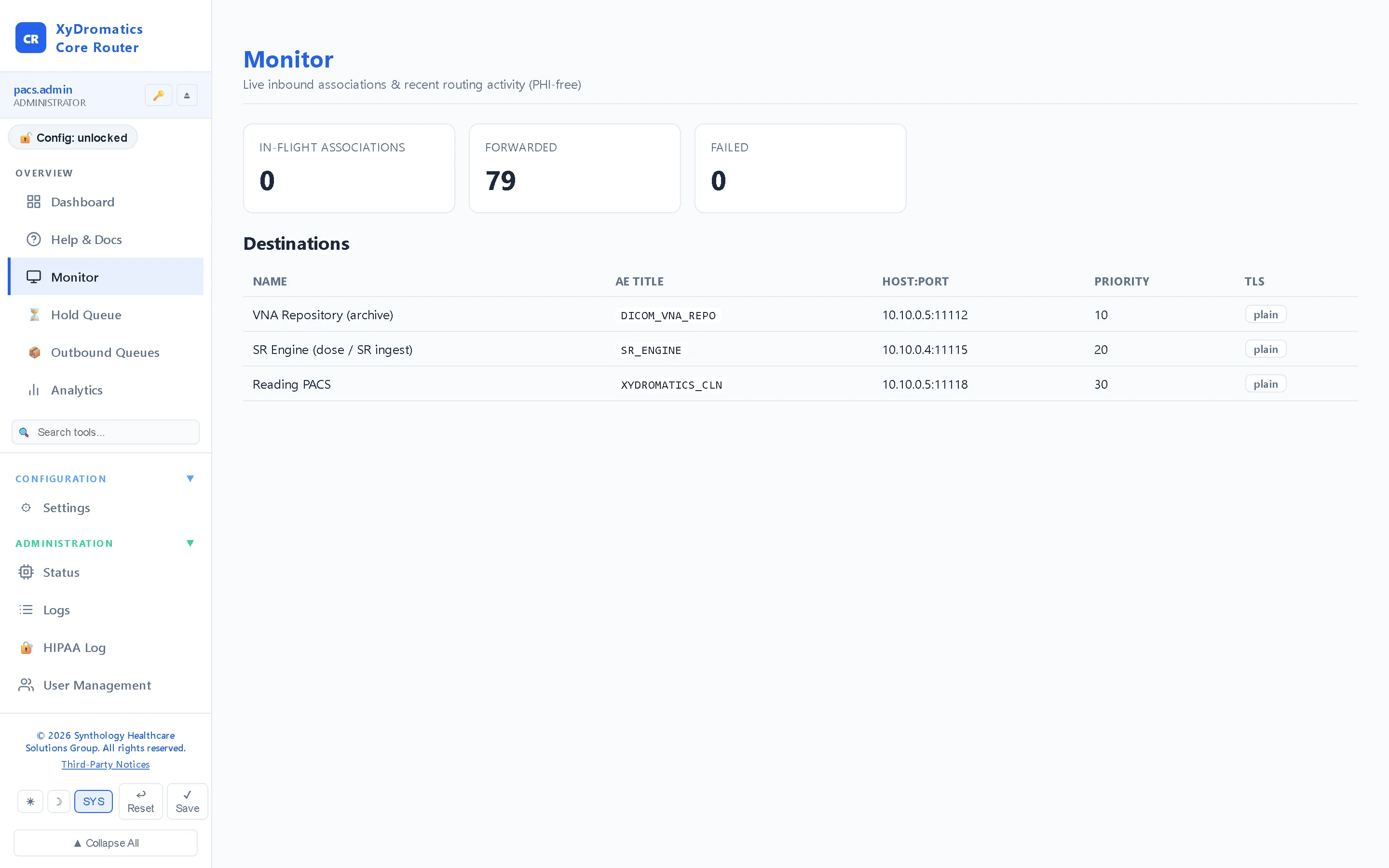 Monitor — Live associations, listener state and destination health as they change.