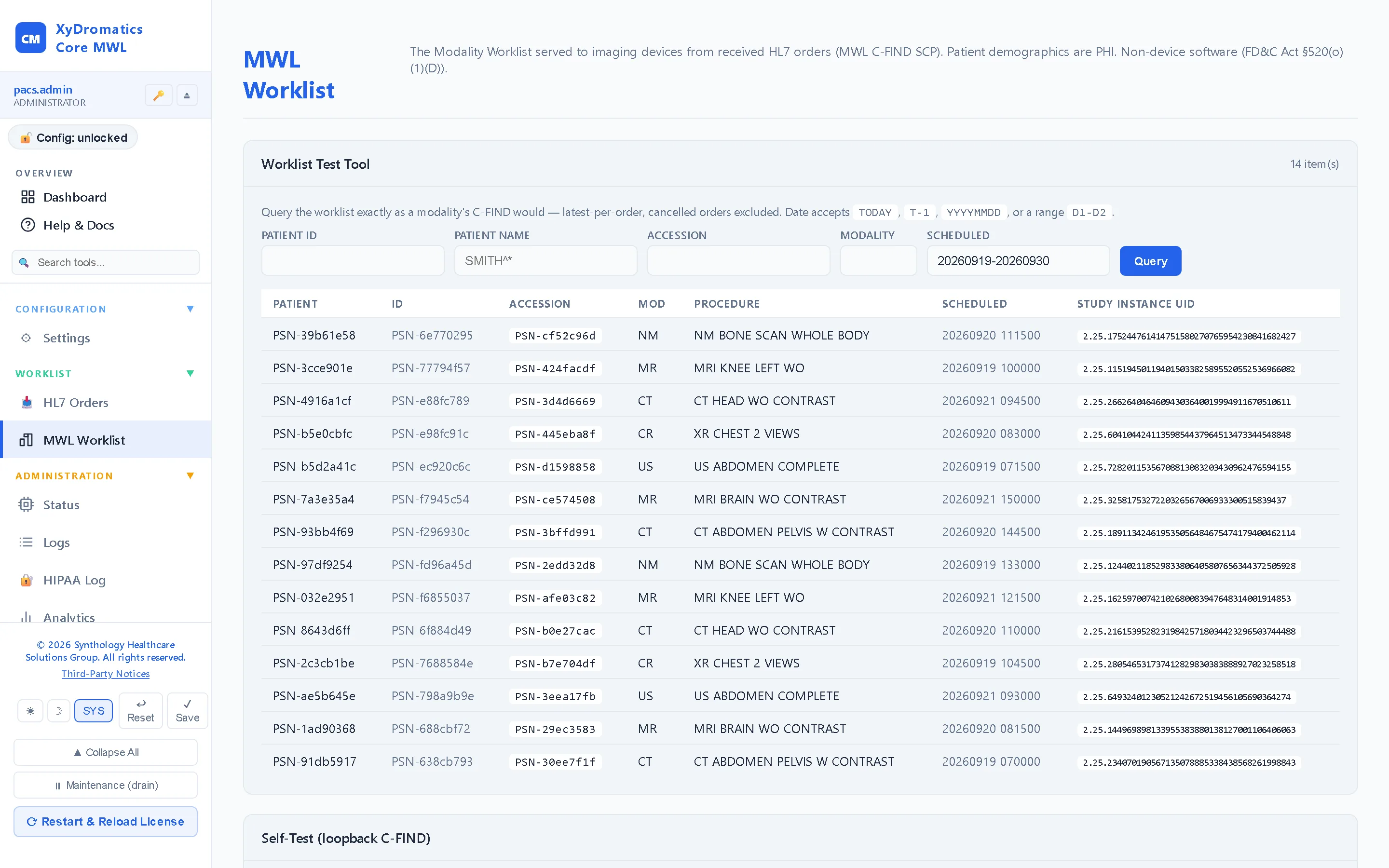 Worklist — The worklist exactly as a modality sees it — every scheduled procedure step, searchable, identifiers masked by role.