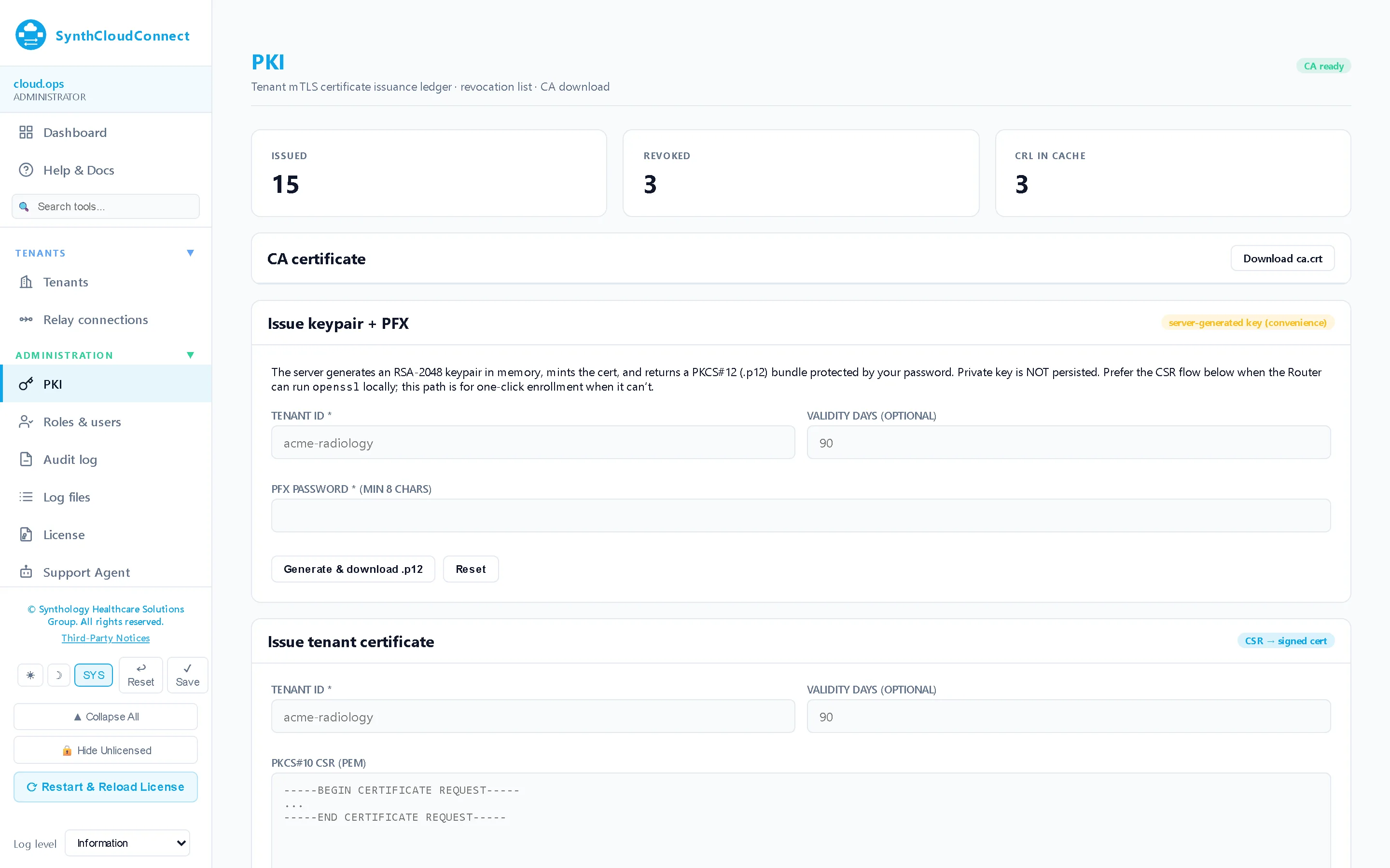PKI — The private certificate authority that issues each router its client certificate, with issuance, expiry and revocation in one place.