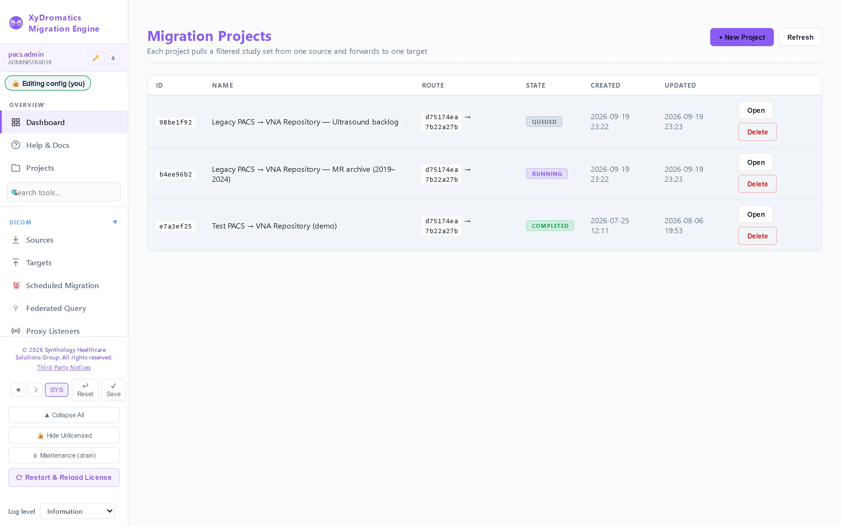 Migration projects — Source → target projects with scope, state and progress — queued, running and completed side by side.