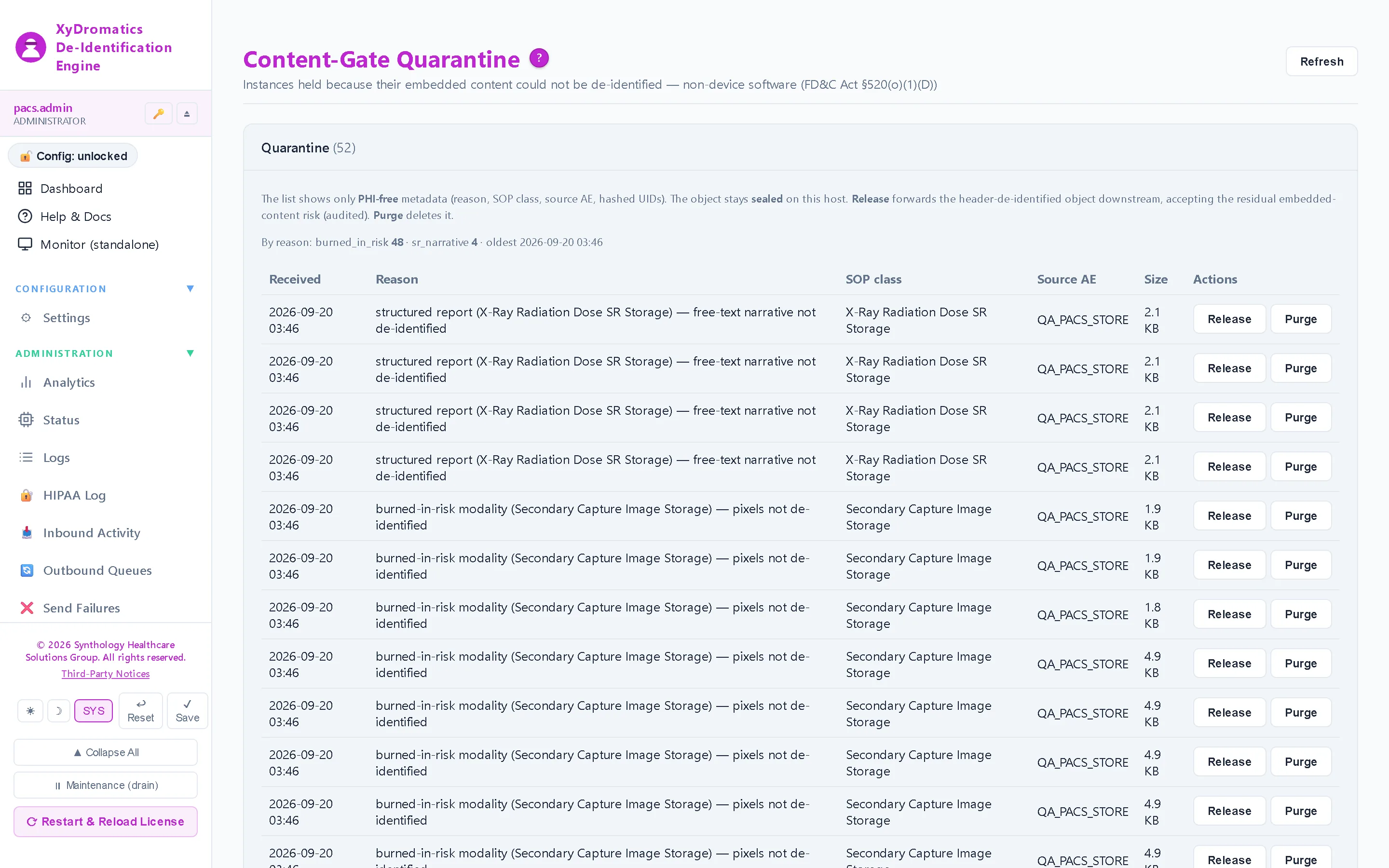 Quarantine — Objects the engine would not release automatically — burned-in text risk, narrative SR content — held for a human decision, with the reason on every row.