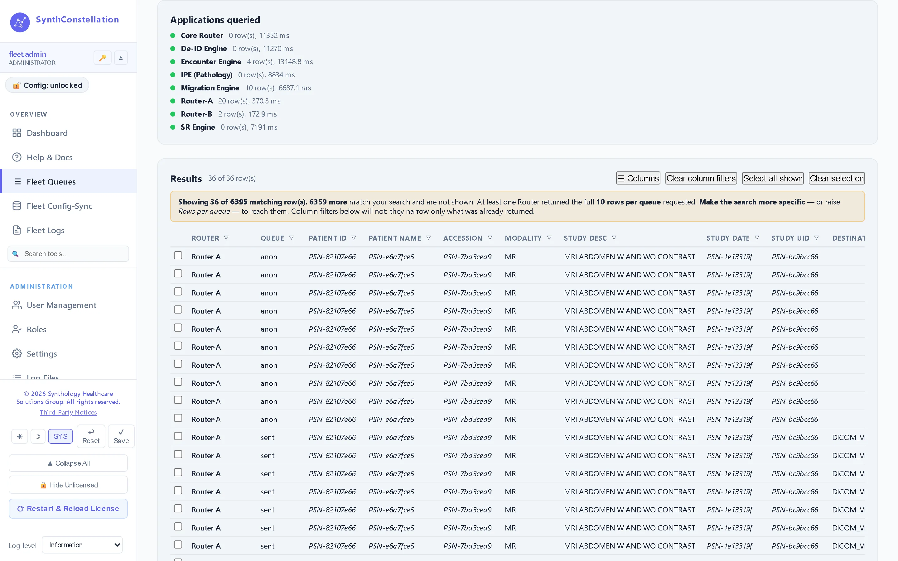 Fleet queues — Search the hold, failed, sent and work queues of every application at once. Identifiers are masked at the source by your role — a member that masks returns a stable PSN- pseudonym the console cannot unmask.