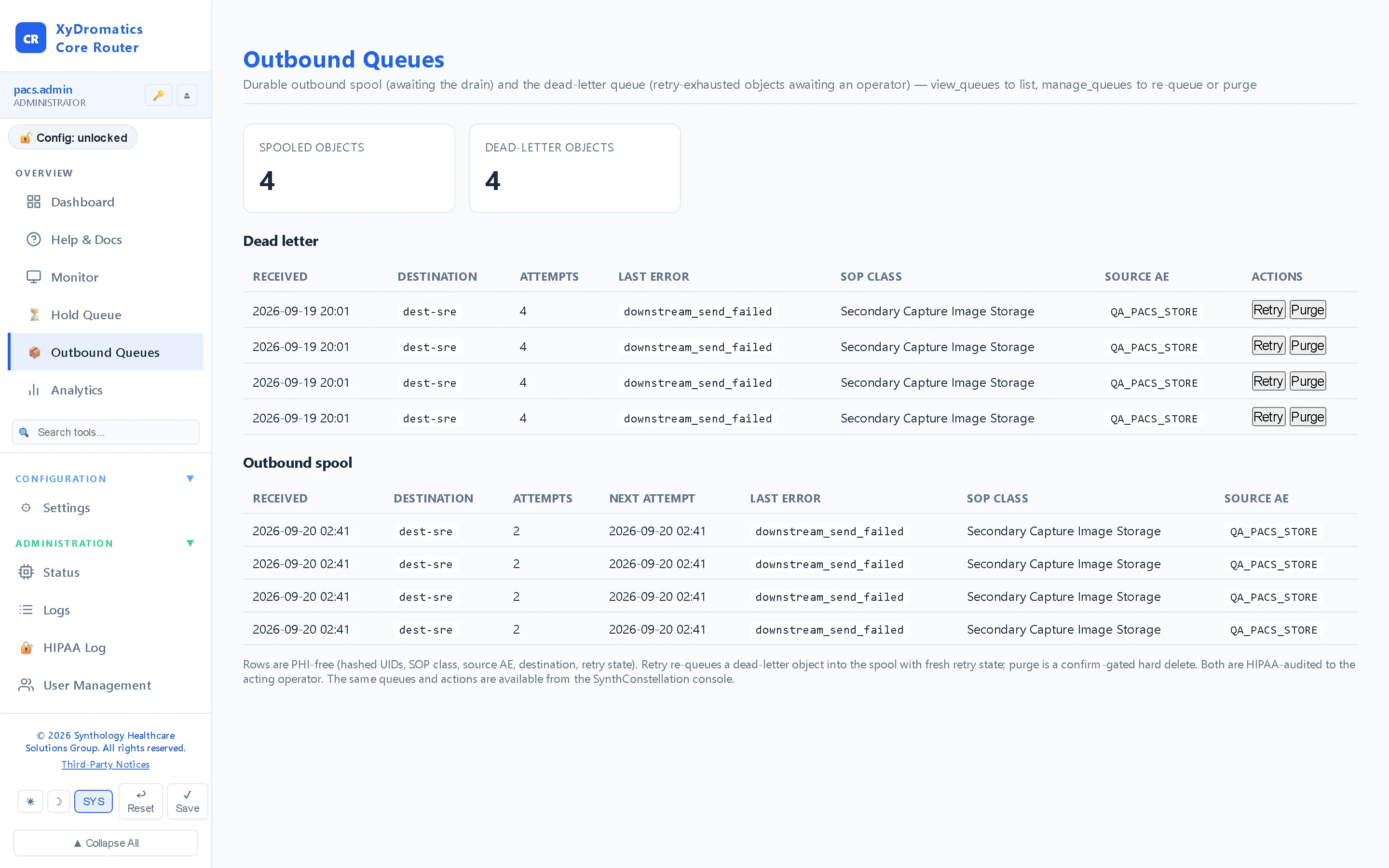 Queues — What is waiting, what is sending and what failed — with retry and hold, and identifiers masked by role.