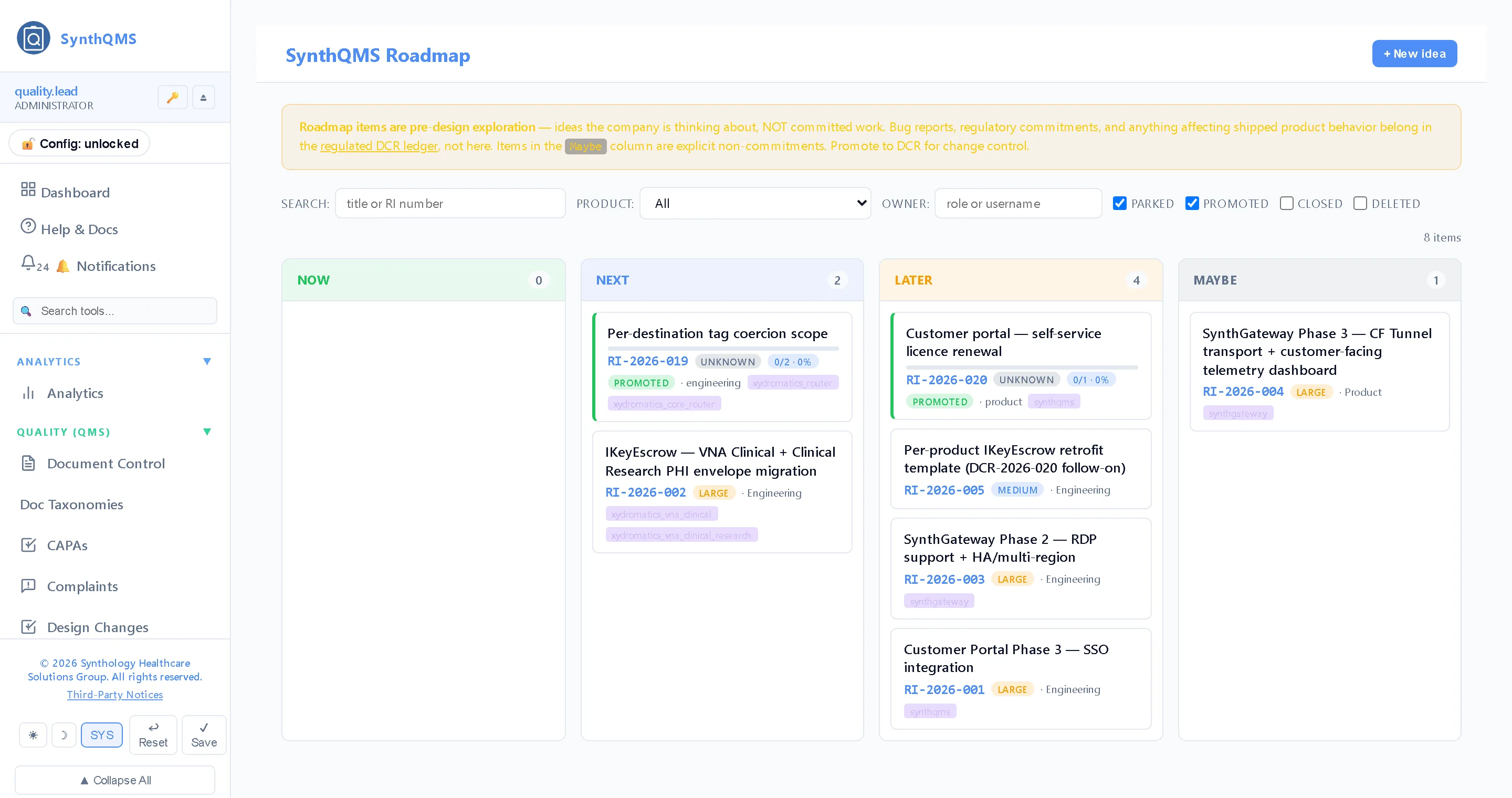 Roadmap & design changes — Roadmap items fan out into design-change records per product; each ships with a delivered version and a release note.