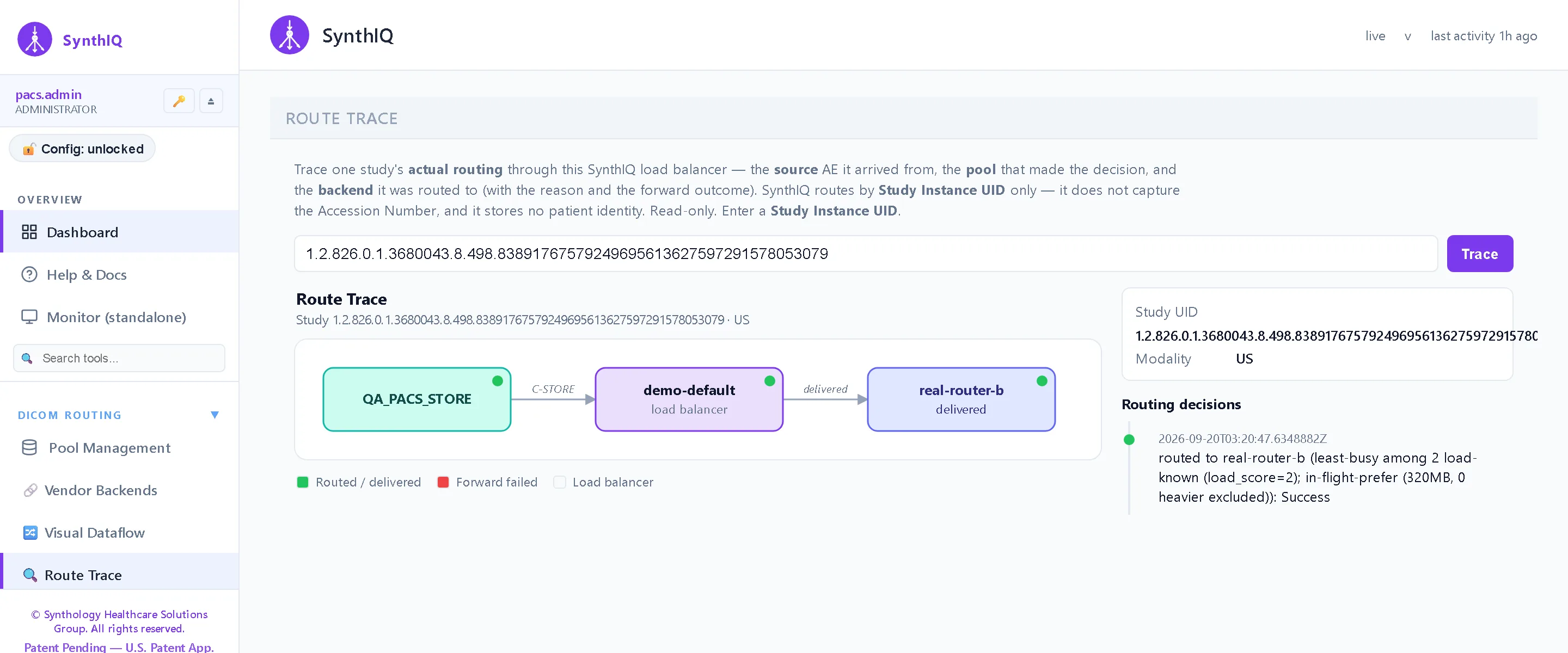 Route trace — Ask where a study went: the trace shows every decision SynthIQ made for it — pool, affinity, backend chosen, and the delivery result.