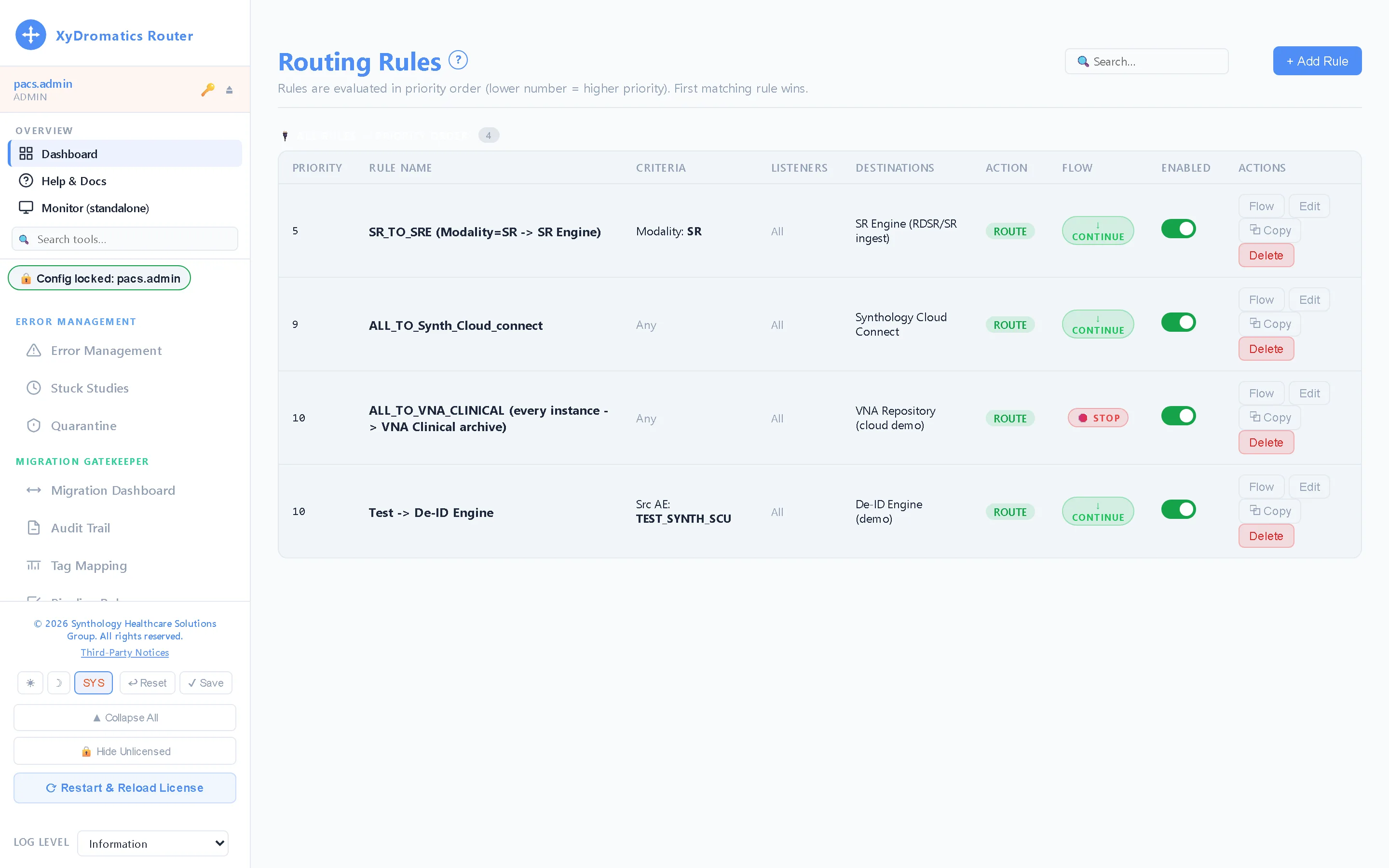 Routing rules — Match on any DICOM attribute — modality, AE title, station, description — and send to one or many destinations, with hold, prefetch, tag coercion and anonymization per rule.
