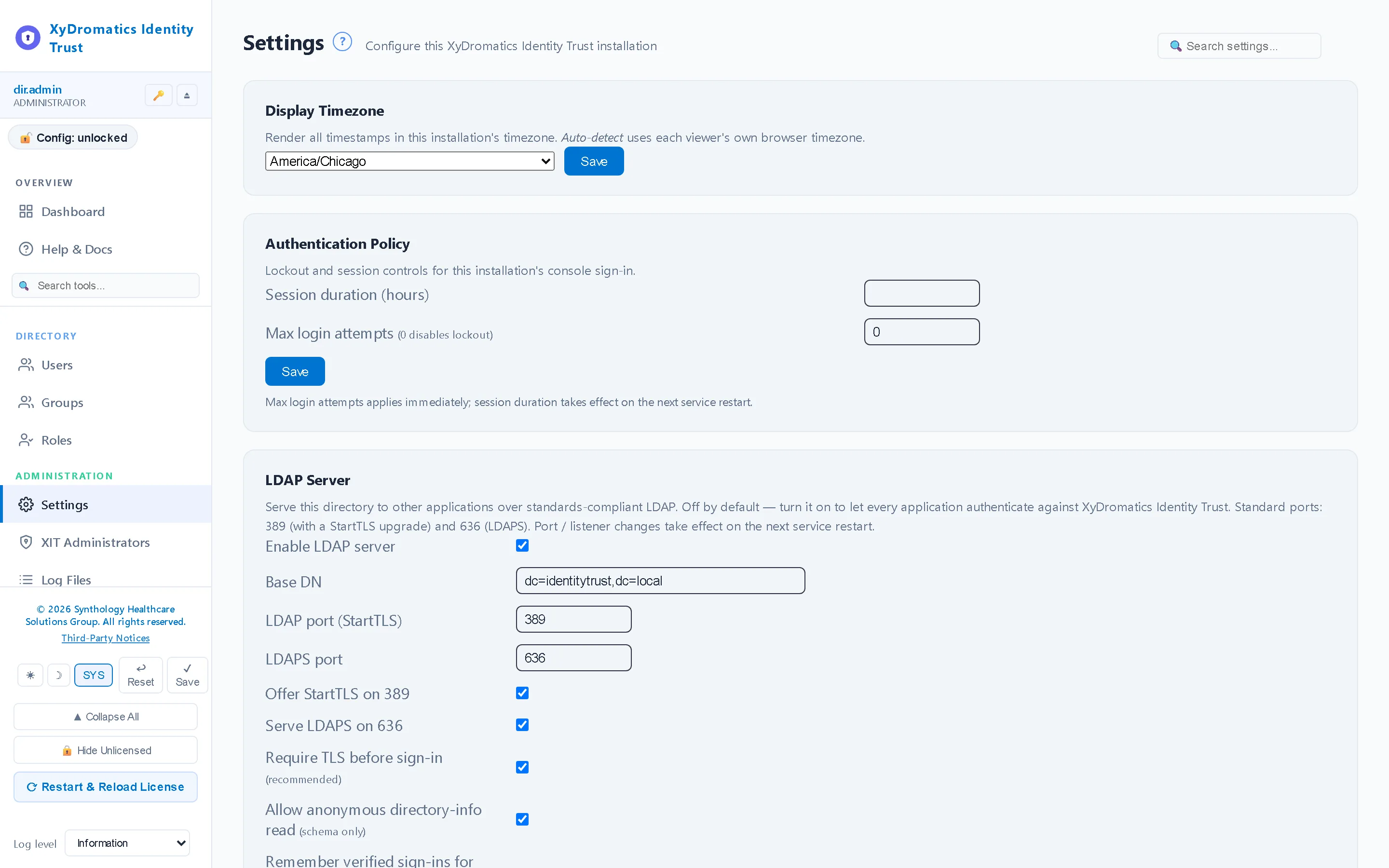 Settings — LDAP / LDAPS listener, TLS, base DN and the service accounts each application binds with.