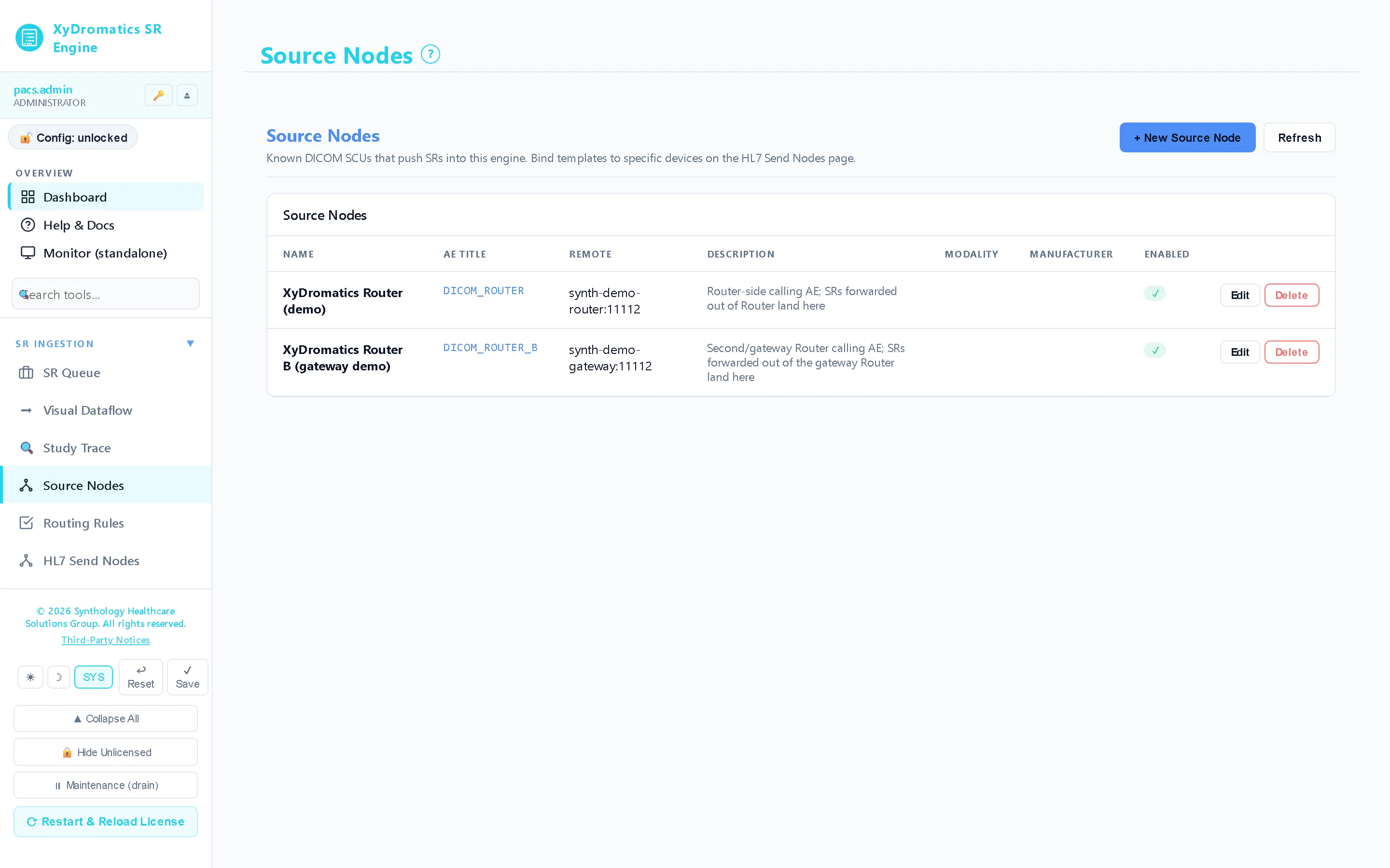 Source nodes — The modalities, routers and PACS allowed to send structured reports in.