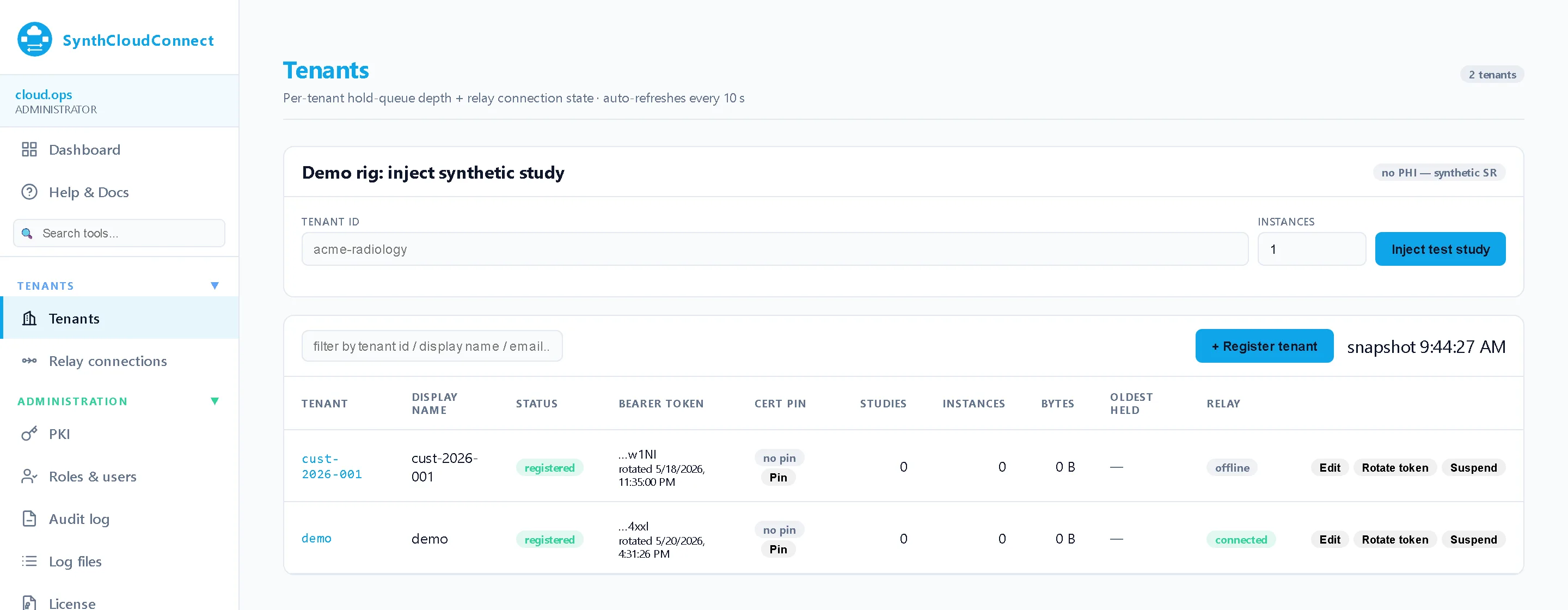 Tenants — One row per customer site: registration state, the bearer token and certificate pin its routers present, hold-queue depth and the live relay state.